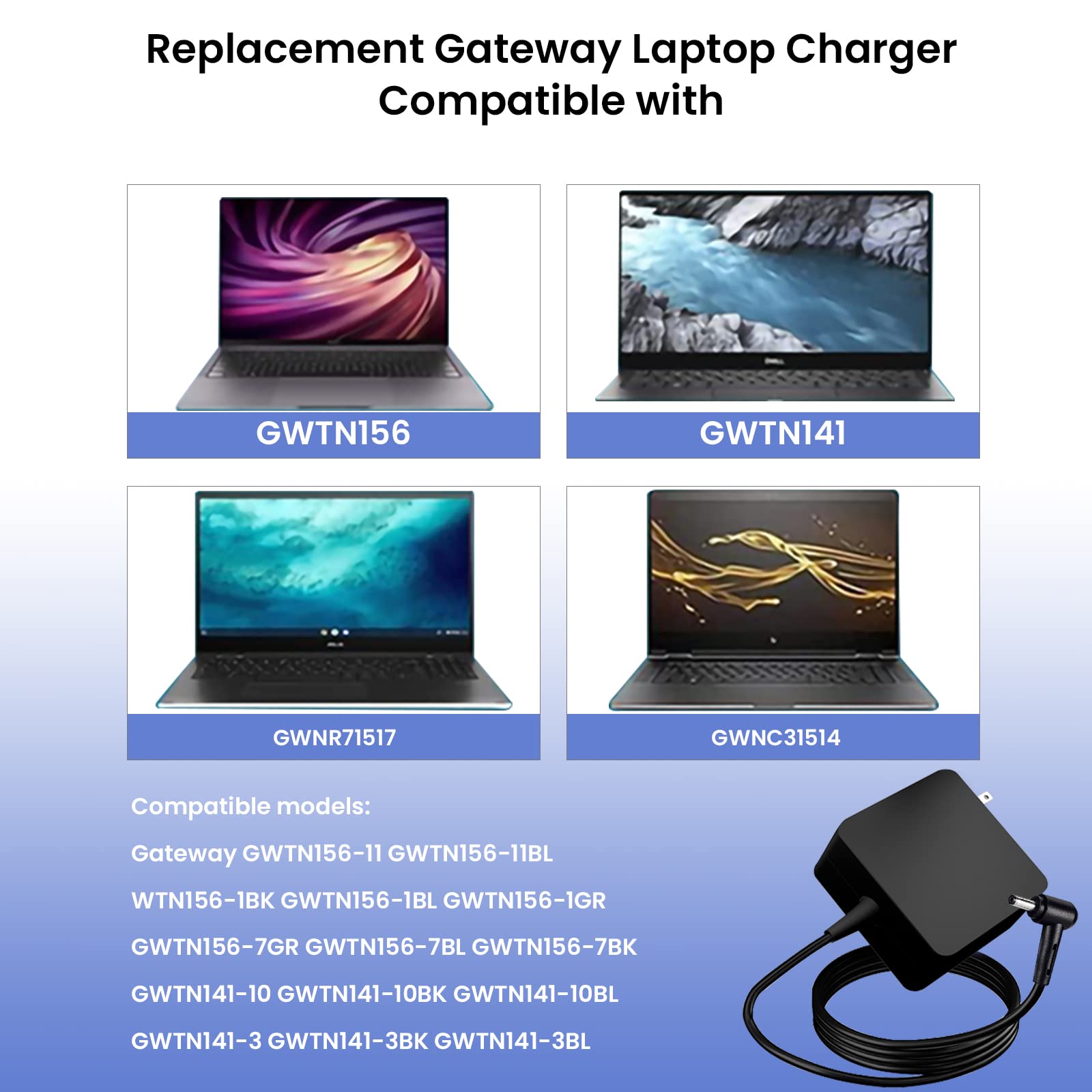 65W Laptop Charger For Gateway Gwtn156 Gwtn156 1Bl Gwtn156 5 Gwtn156 4 Gwtn141 2 Gwtn141 4Bk Gwnr71517 Bl Gwtn156 7 Gwtn156 7Gr