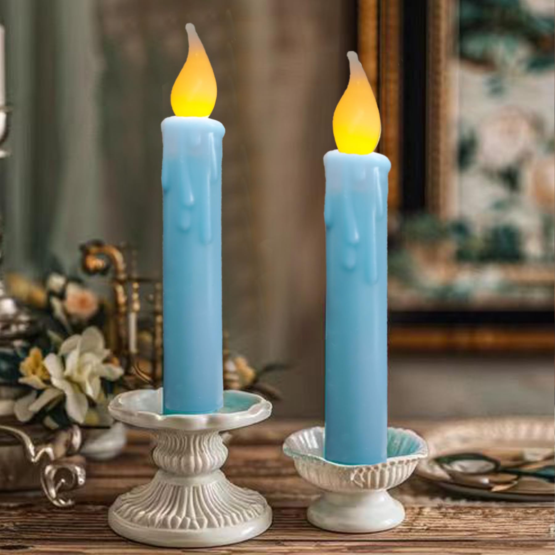 Lincountry.Primitive Wax Blue Battery Operated Taper Candles Flickering Flameless Taper Candles With Timer,Dripped Led Candles 6