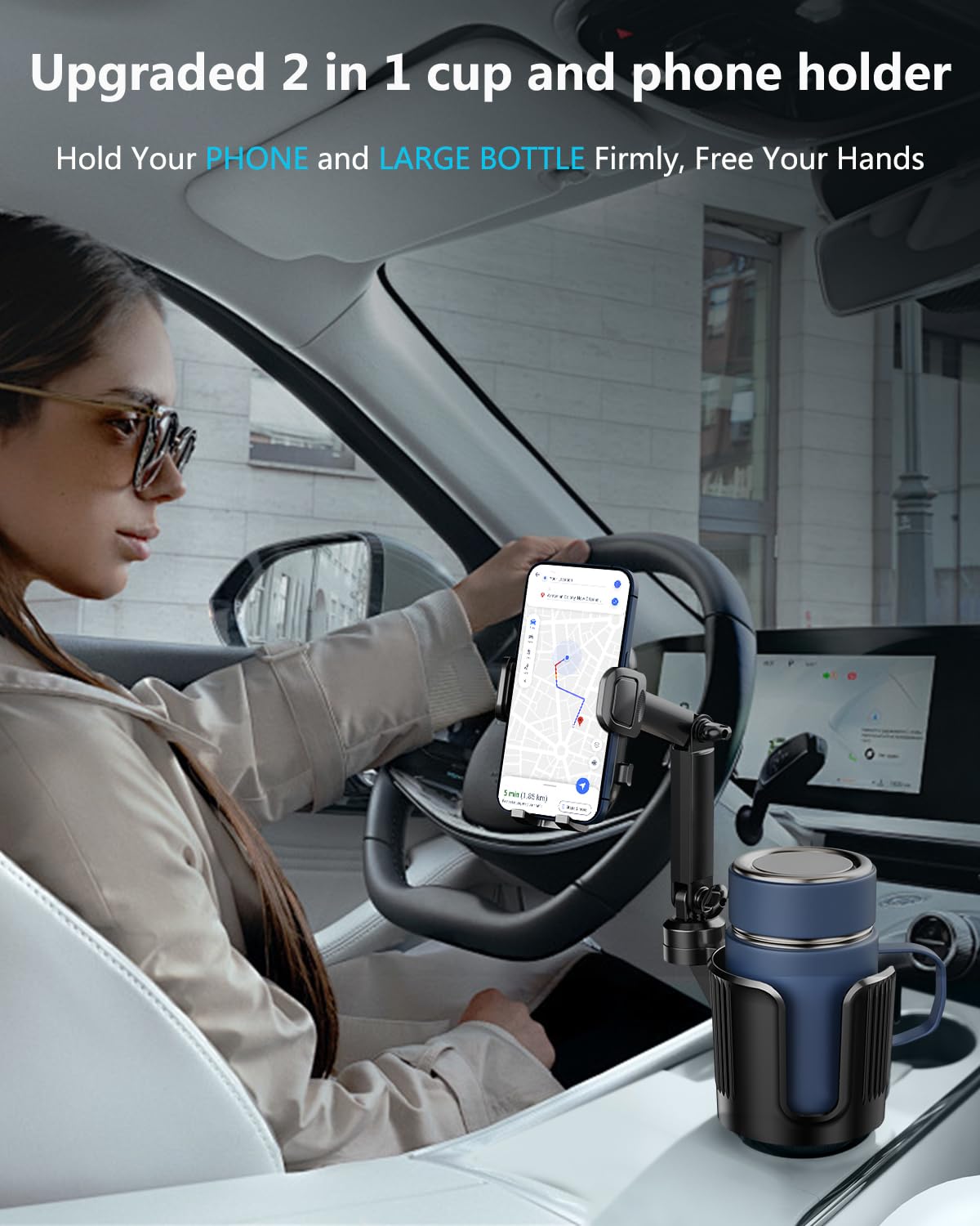 Cup Phone Holder For Your Car With Expandable Offset Base, 2 In 1 Adjustable Hands Free Cell Phone Holders Car Cupholder Mount,