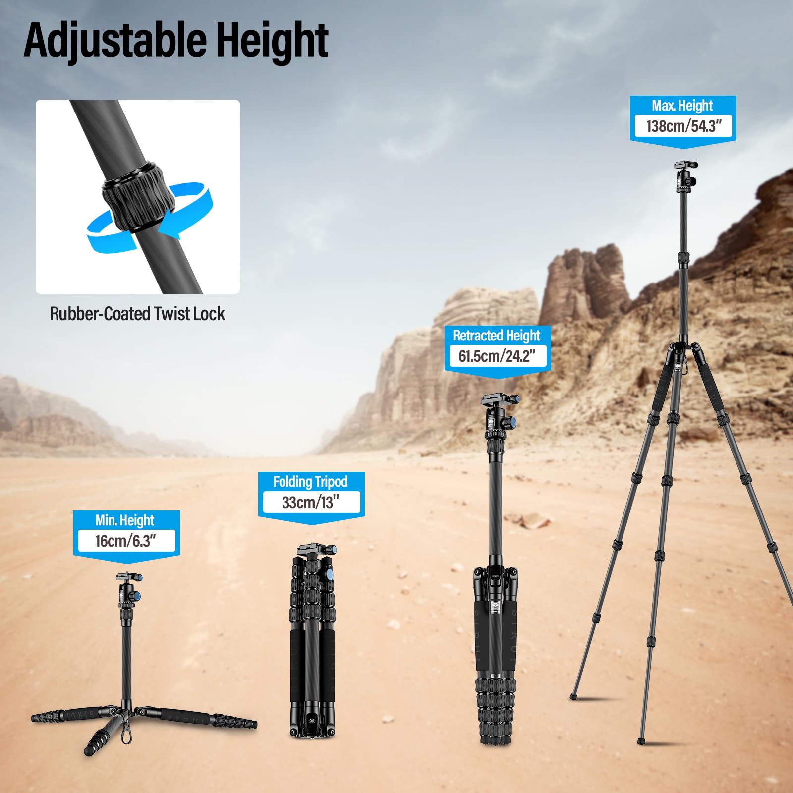 Sirui Compact Traveler 5C Tripod 54.3 Inches Lightweight Carbon Fiber Travel Tripod For Camera With 360� Panorama Ball Head For Arca Swiss Quick Release Plate, Max Load 8.8Lbs