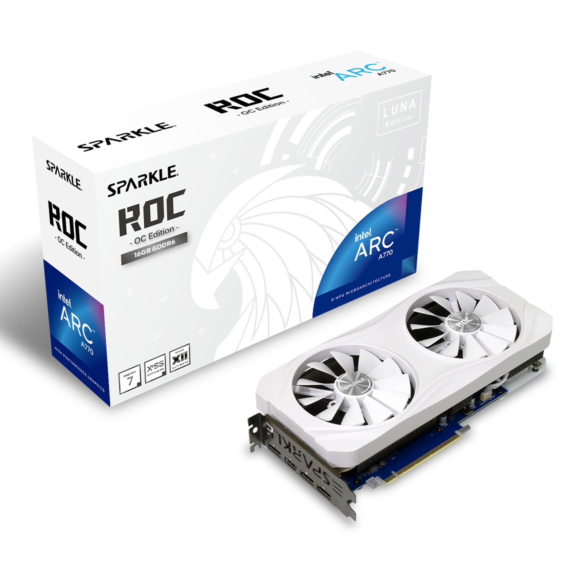 Sparkle Intel Arc A770 ROC Luna OC Edition, 16GB GDDR6, 2X DBB 100mm Fan, 2.5-Slot, Metal Backplate, Luna White Edition, SA770RW