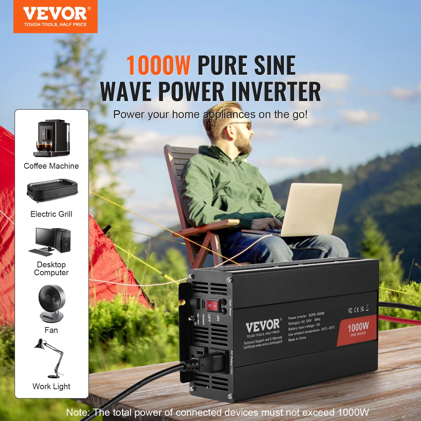 Vevor 1000W Pure Sine Wave Inverter, Dc 12V To Ac 120V Power Inverter With 2 Ac Outlets 1 Usb Port 1 Type-C Port, Remote Control