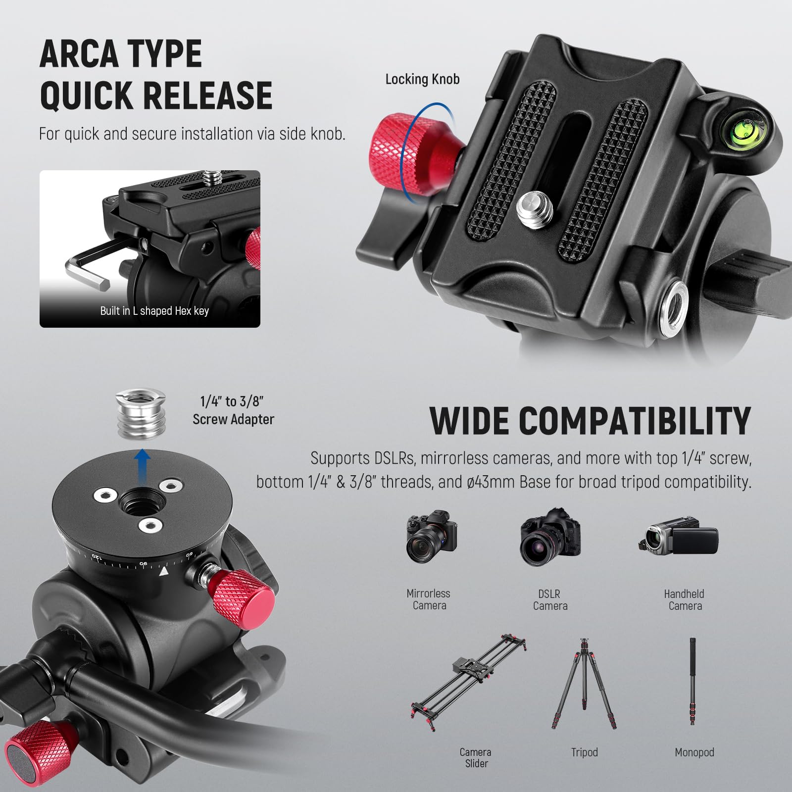 Neewer Fluid Tripod Head With Handle & Arca Type Quick Release, Aluminum Alloy Panorama Drag Pan Tilt Head With 43Mm Scaled Base