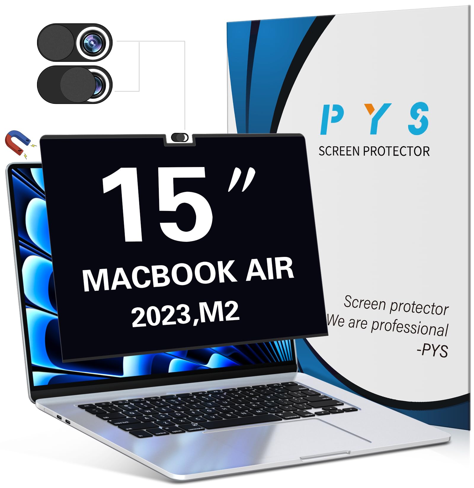 Pys Magnetic Privacy Screen For Macbook Air 15.3 Inch (2023 2024, M2 M3 Chip)   Removable Anti Glare Protector With Camera Cover