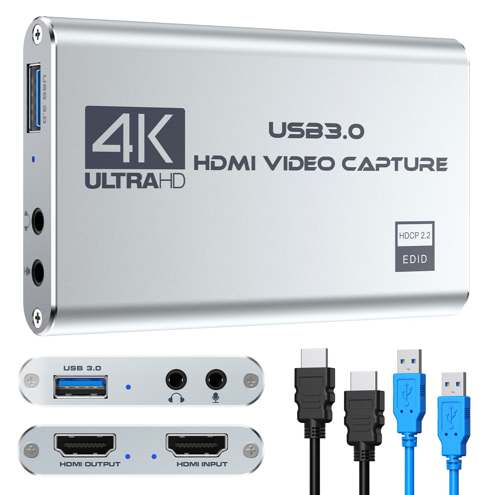 Video Capture Card 4K 1080P 60FPS, USB 3.0 HDMI Video Capture Device, HD Game Capture Card for Streaming, Work with PS4/PS5/Xbox