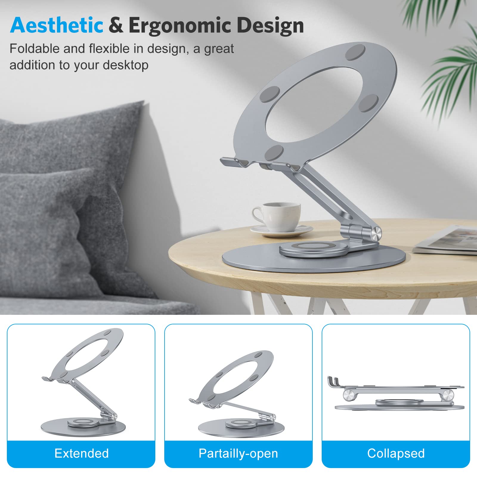 Omoton Adjustable Laptop Stand With 360 Rotating Base, Ergonomic Laptop Riser For Collaborative Work, Dual Rotary Shaft Fully Fo