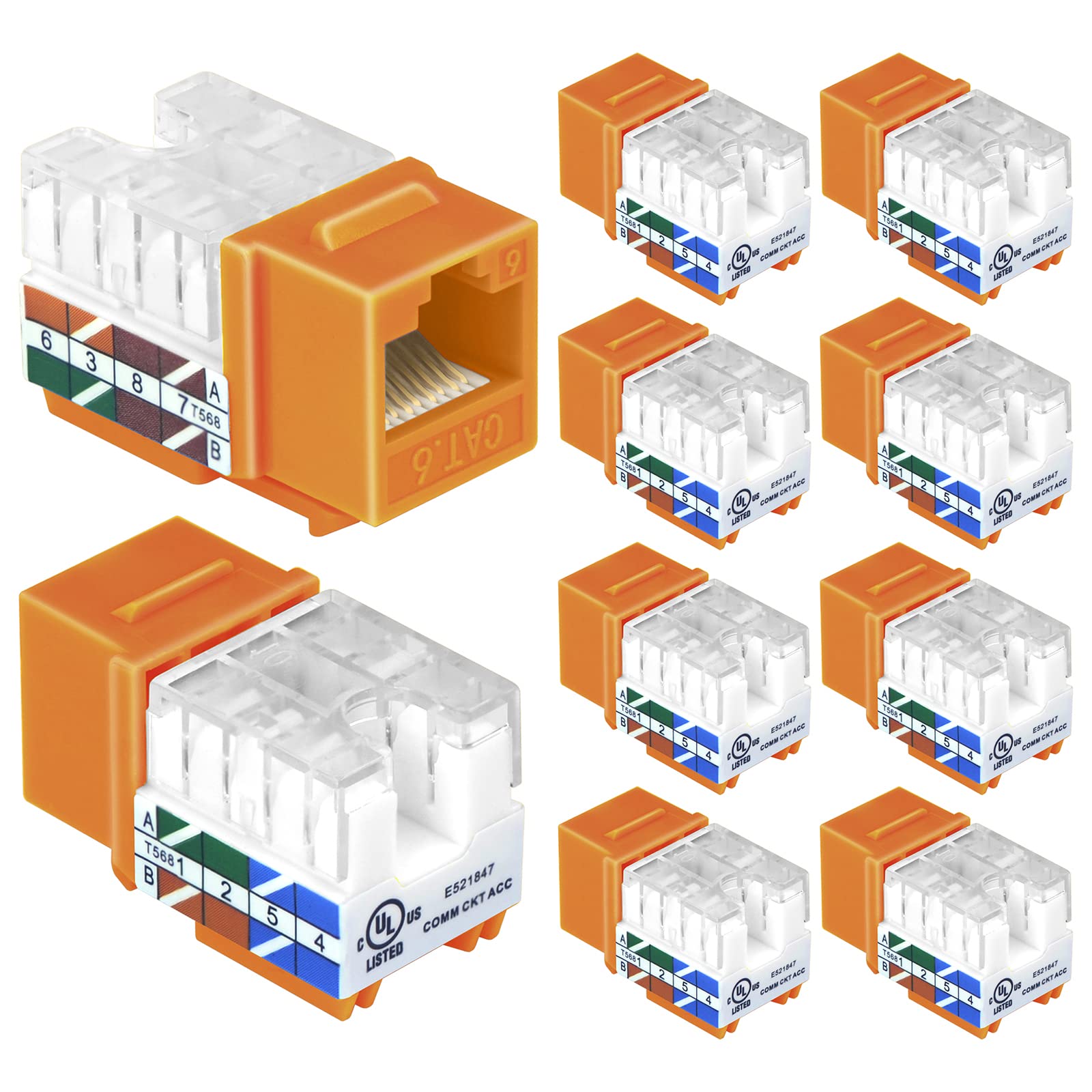 Vcelink Rj45 Cat6 Keystone Jacks Slim Profile Ul Listed 10 Pack, 90 Degree Ethernet Punch Down Keystone Jack Adapter In Orange