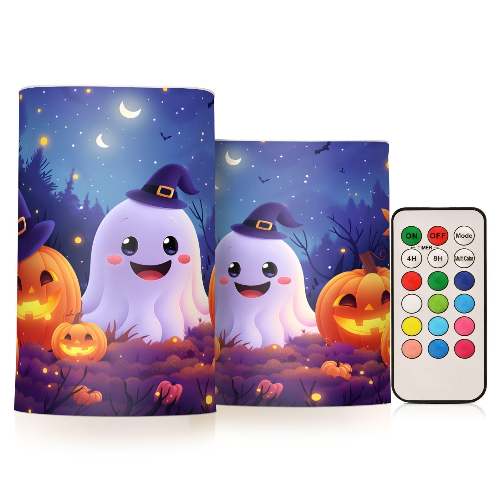 BOENLE Flickering Flameless Candles, Halloween Ghosts Pumpkins LED Candles with Remote Timer, Set of 2 Battery Operated Candle f