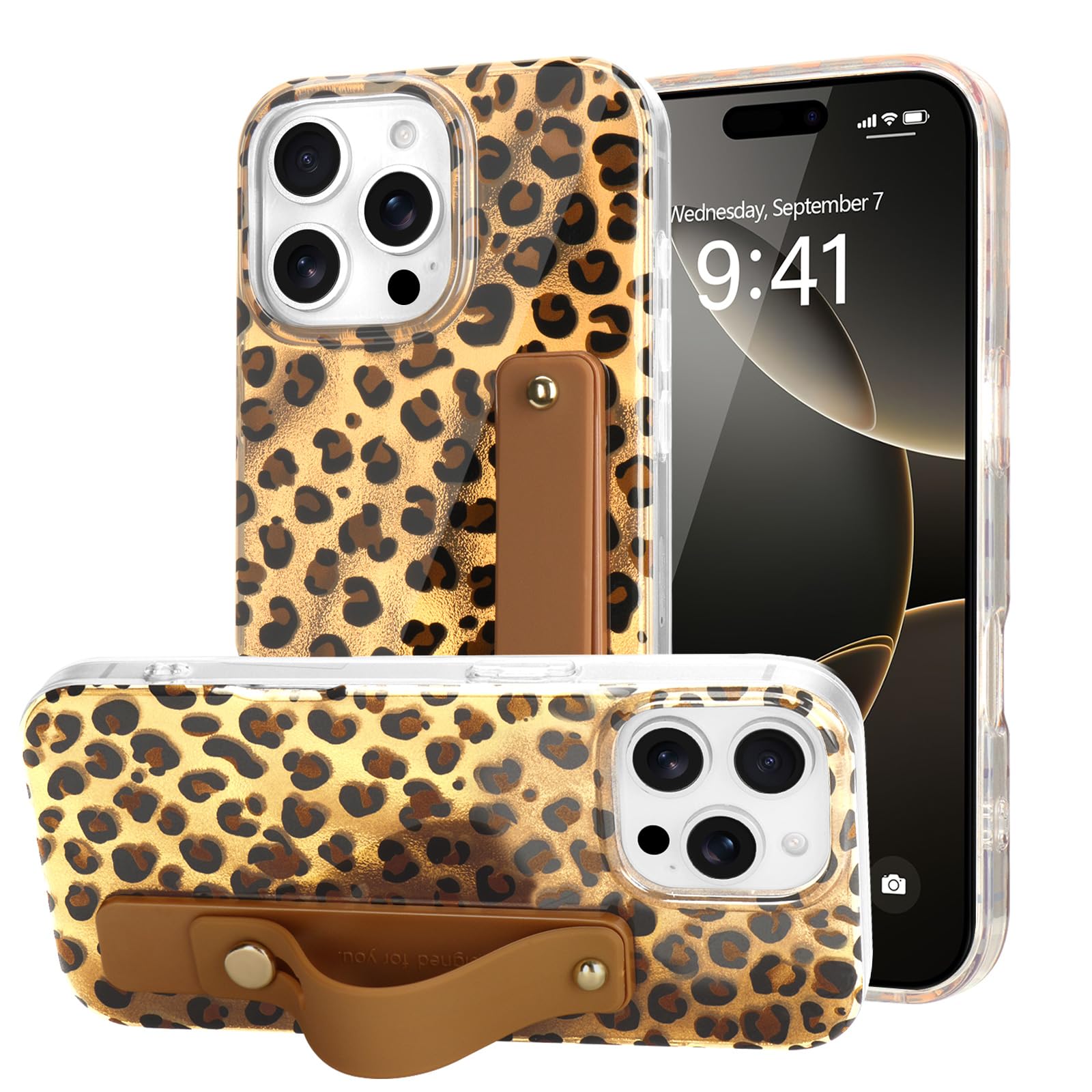 LAPOPNUT for iPhone 16 Pro Case with Wrist Strap, Cheetah Leopard Tortoise Shell Print Shockproof Soft TPU Protective Cover for 