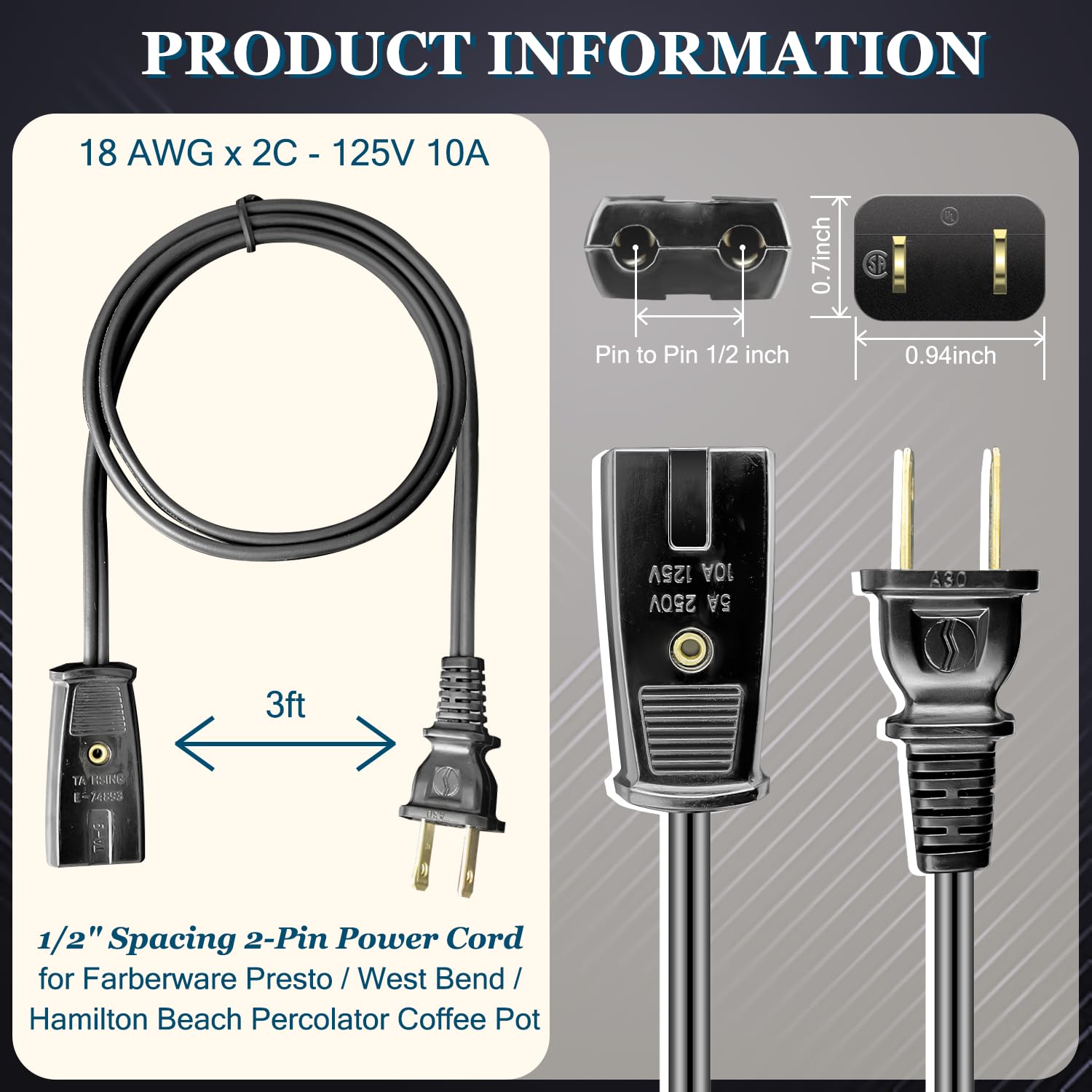 Hasmx Replacement Power Cord Percolator Power Cord 36'' For Presto Percolator 0281104 0281105 0261105, 2Pin Cord Black 3Ft (1 Pa