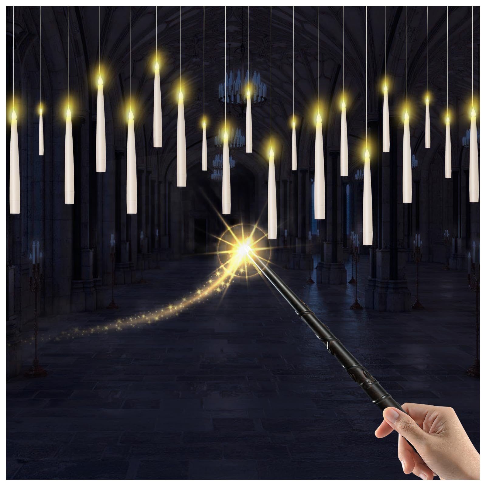 20 Pcs Floating Candles With Wand, Halloween Decoration Magic Hanging Flickering Warm Light Taper Led Candles With Wand Remote,