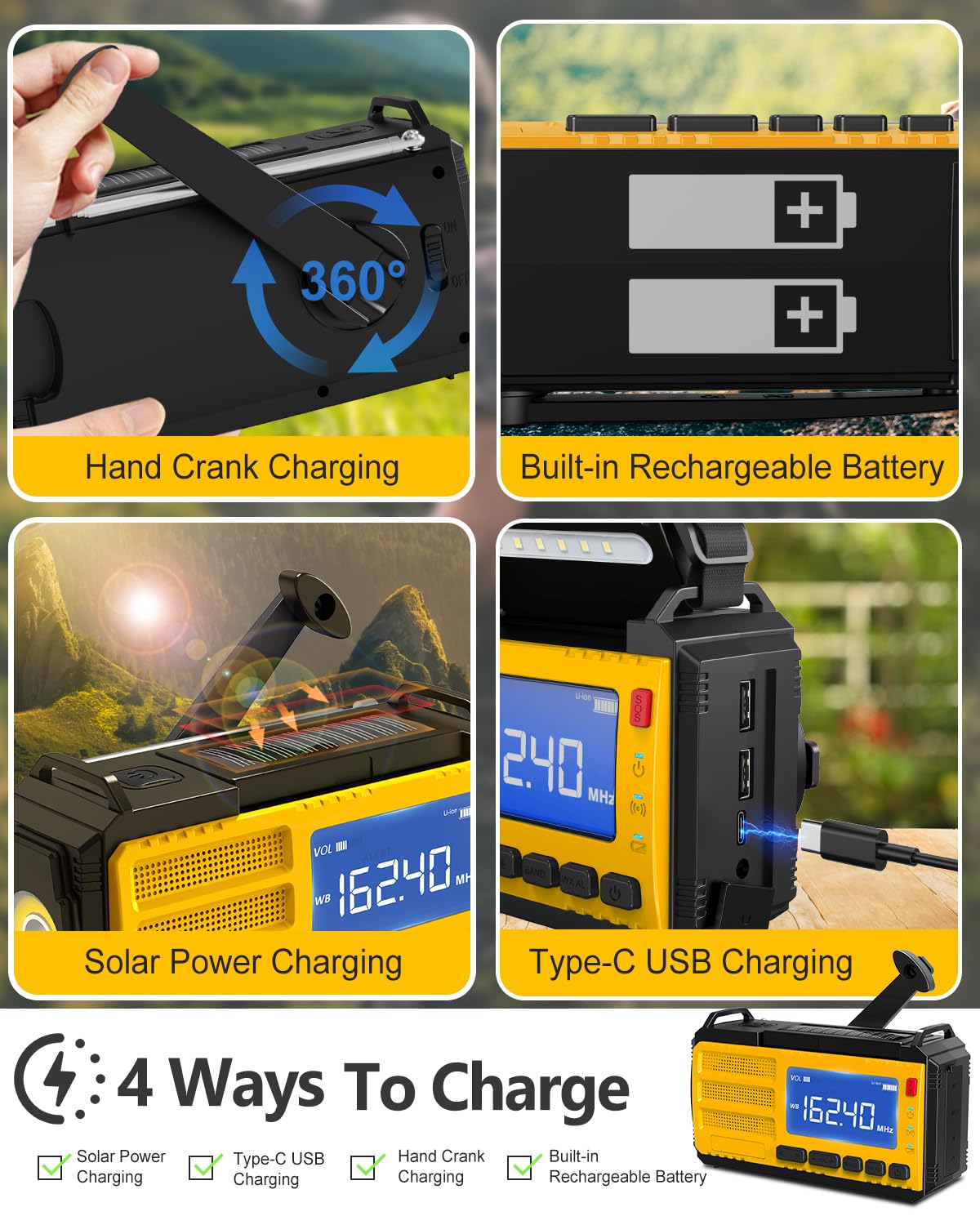 10000Mah Emergency Hand Crank Radio, Am/Fm/Noaa Weather Alert, Solar Powered, 4 Charging Methods, 3-Mode Flashlight, Reading Lam