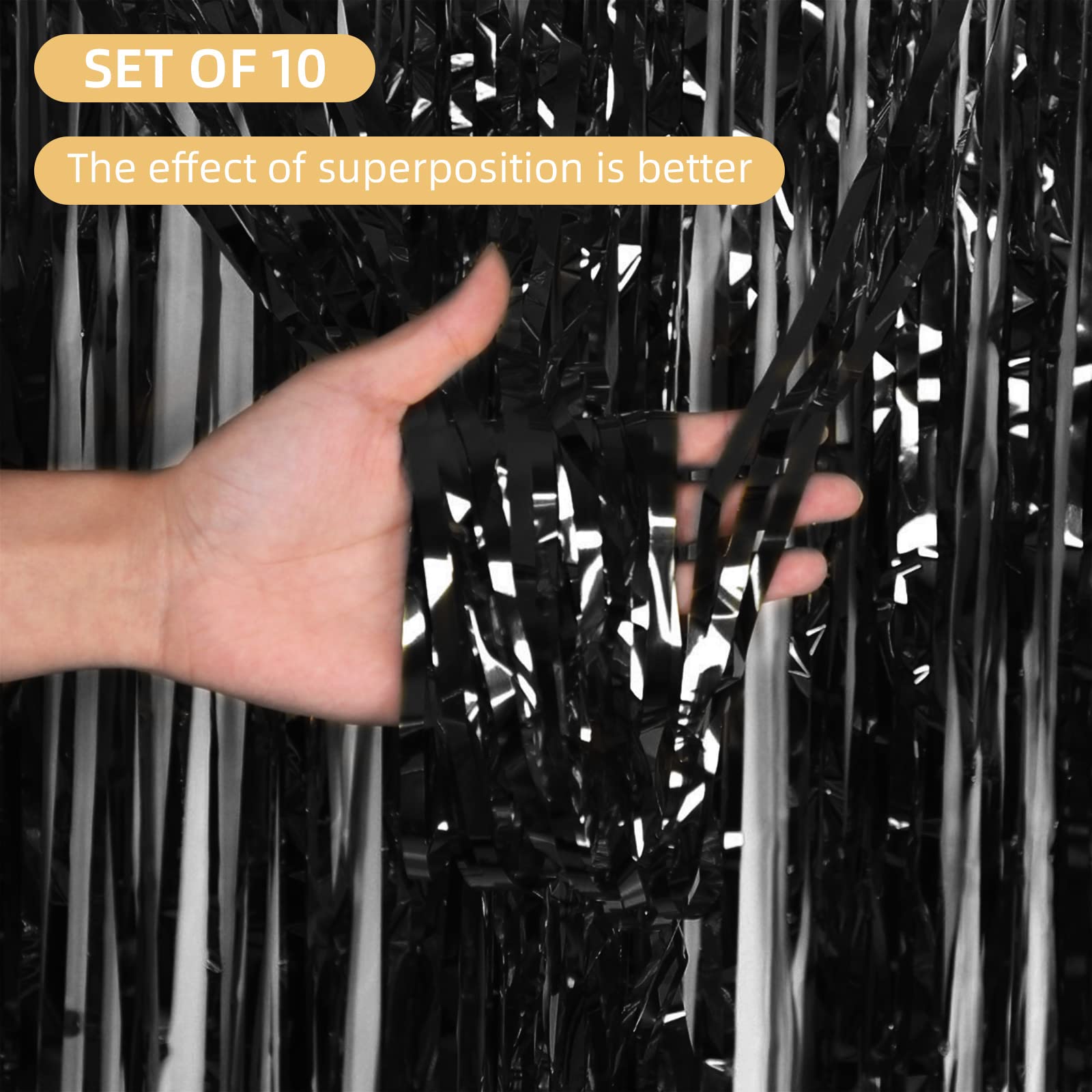 10 Pack Black Backdrop Curtain 3.2Ft X 8.2Ft Metallic Tinsel Foil Fringe Curtains Photo Booth Background For Birthday Party Deco