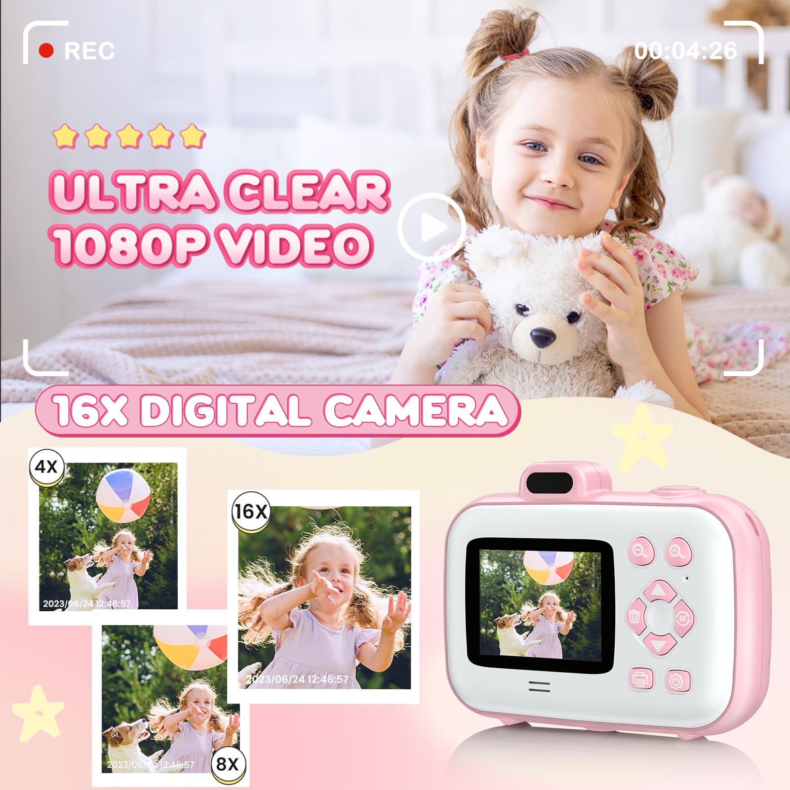 Instant Print Digital Camera, Kids Camera With 32Gb Card, Christmas Birthday Gifts For Kids Age 3 12, Fhd 1080P Video Camera For