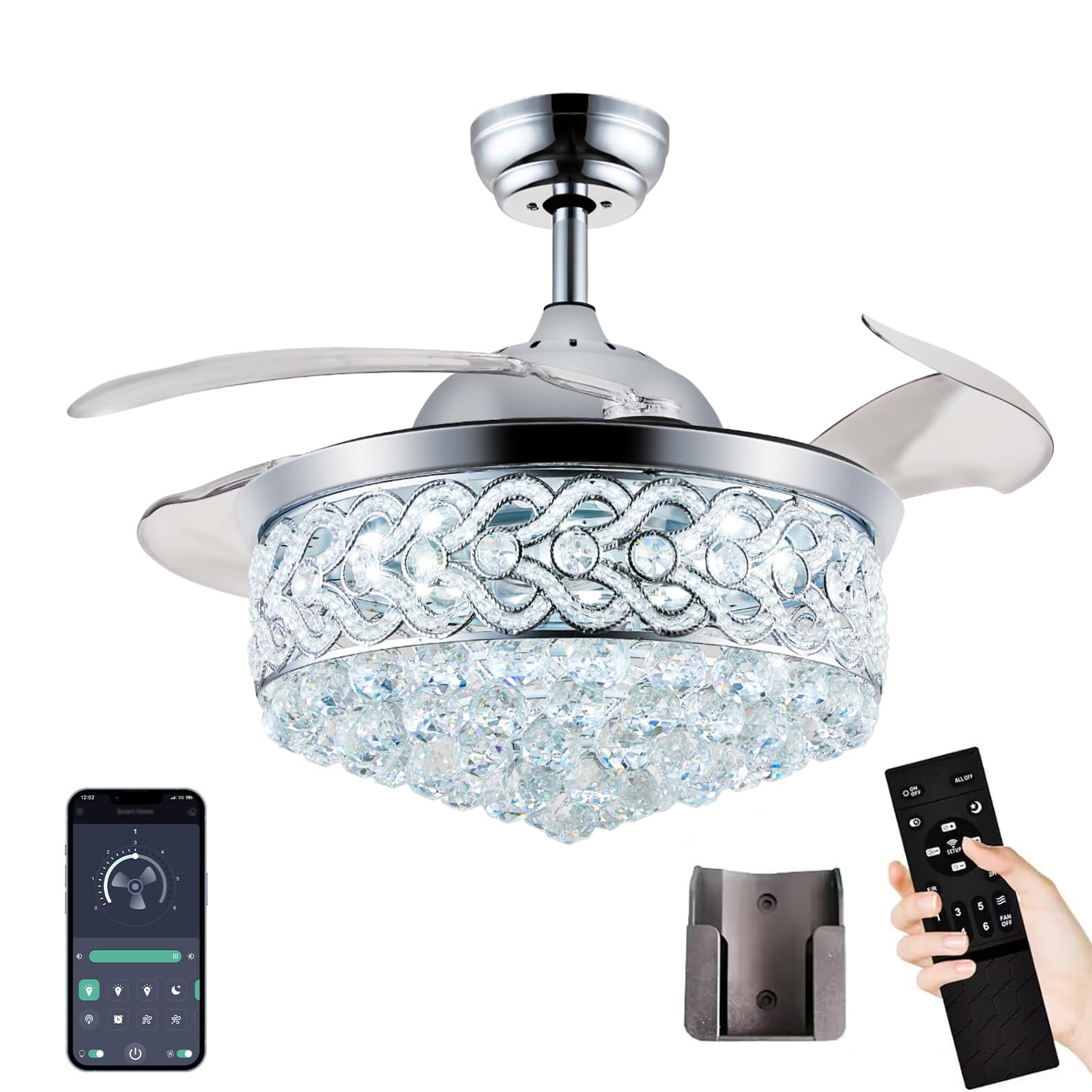 48 Inch Fandelier Ceiling Fan With Lights Crystal Fandaliers Ceiling Fan With Remote Dimmable 500-6500K Retractable Blades Fan C