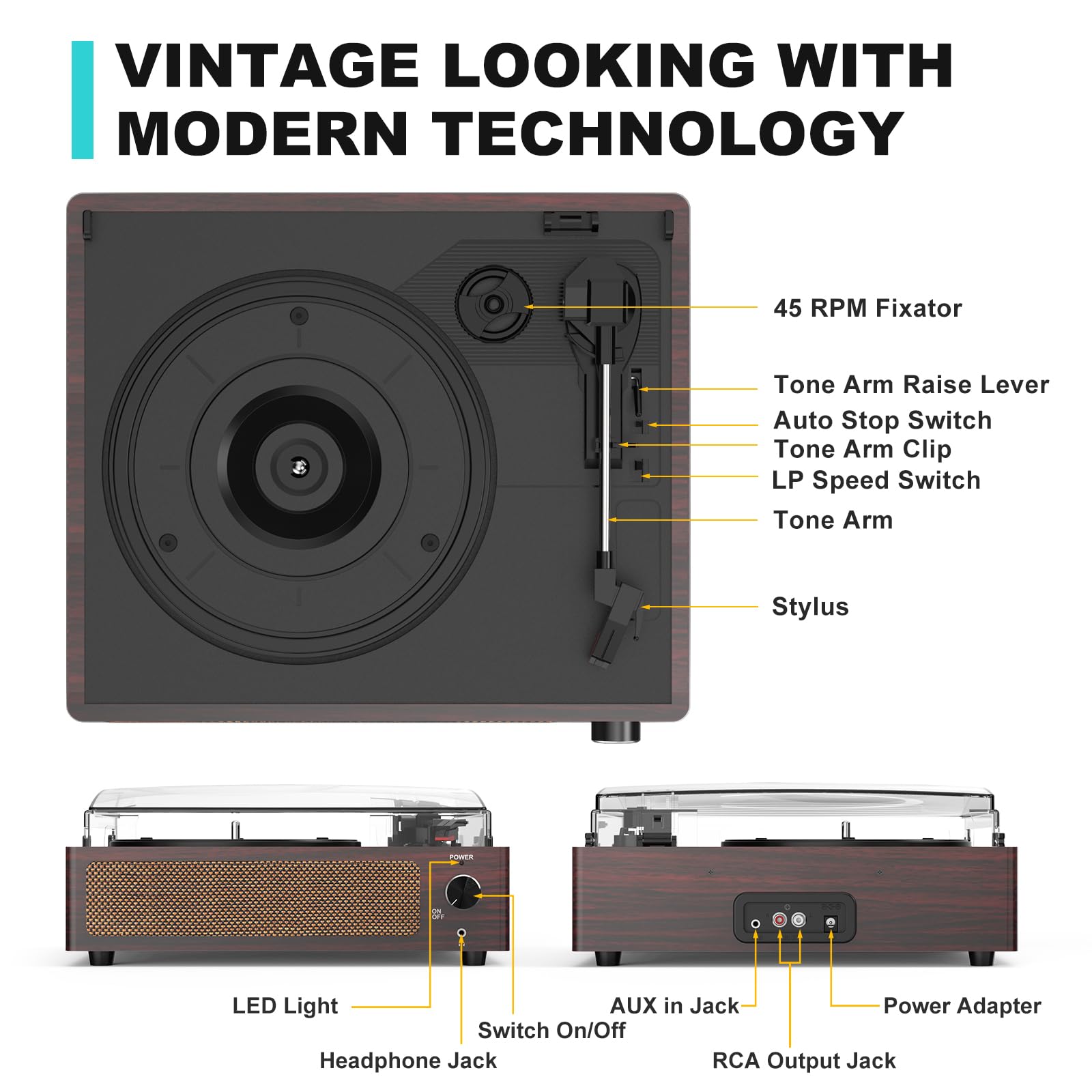 Wockoder Vinyl Record Players Turntable With Speakers Belt Driven Turntables For Vinyl Records 3 Speed Lp Vinyl Player Wireless