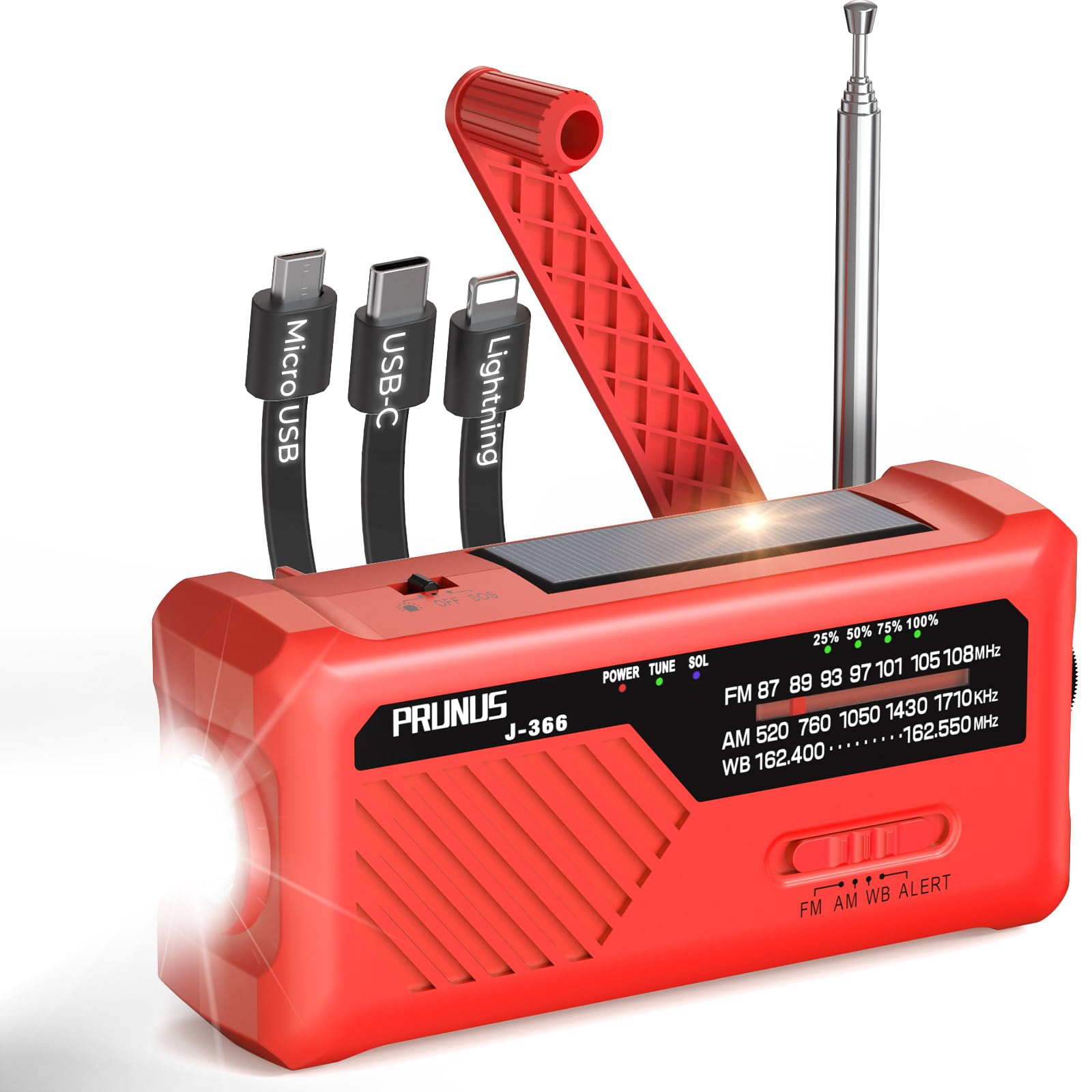 PRUNUS J-366 Emergency Radio with 3 Charging Cables, NOAA Weather Alert, 7400mWh/Solar/Hand Crank/USB-C Charging, Battery Operat