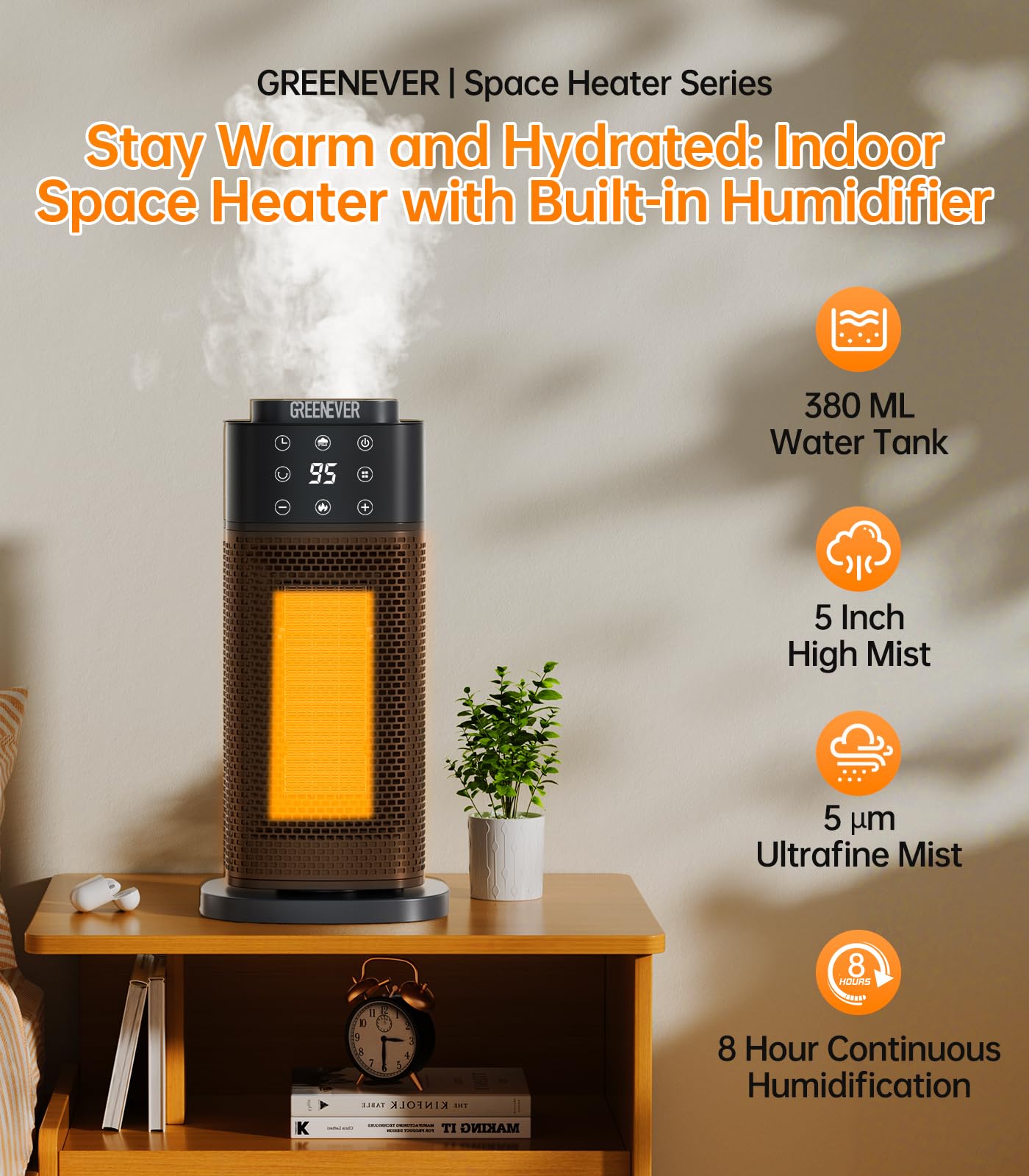 Greenever Space Heater Indoor With Humidifier: 2024 Upgraded Ptc Electric Heaters For Indoor Use With Thermostat, 1500W Ceramic