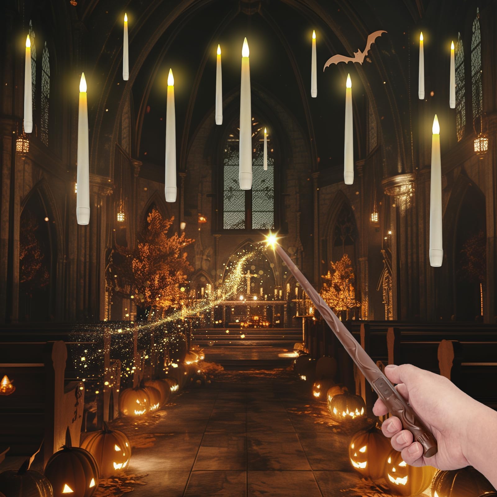 Homemory 10PCS Floating Candles with Wand Remote, Magic Hanging Candles with Timer, Flickering Warm Light Halloween Floating Can