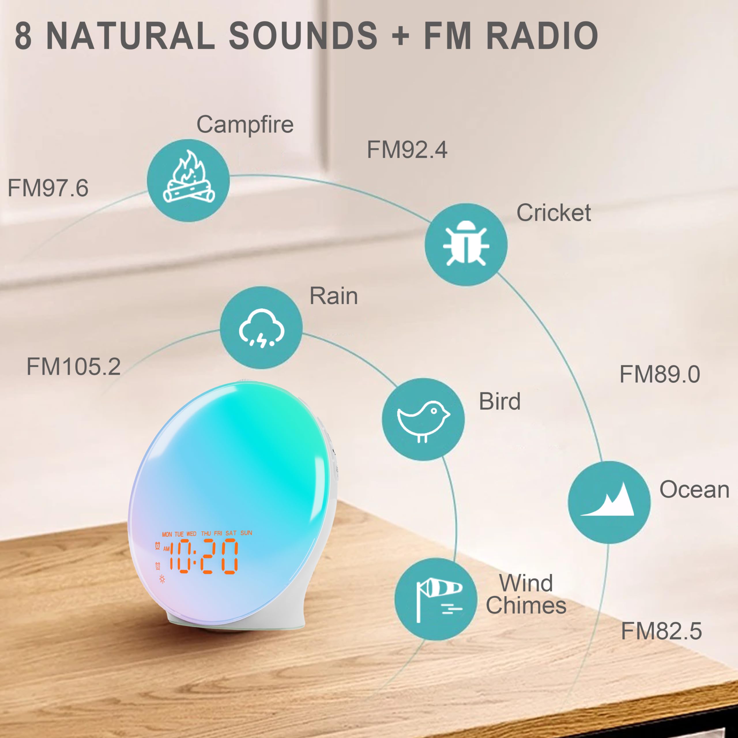 Jall Wake Up Light Sunrise Alarm Clock For Kids, Bedroom, Full Screen With Sunrise Simulation, Dual Alarm, Fm Radio, 15 Nightlig