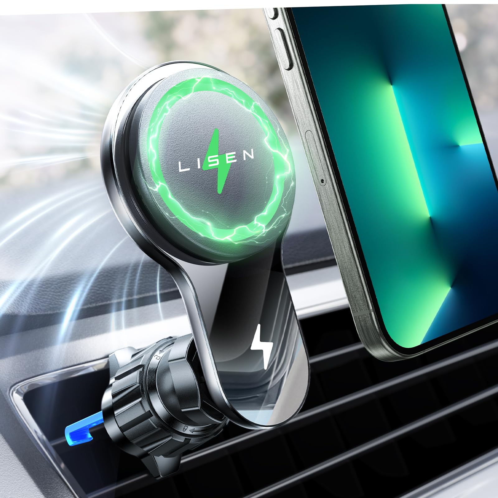 Lisen For 15W Magsafe Car Vent Mount Charger With Turbo Fan Cooling (-8C Reduction) For Iphone 16 Wireless Magnetic Car Phone Ho