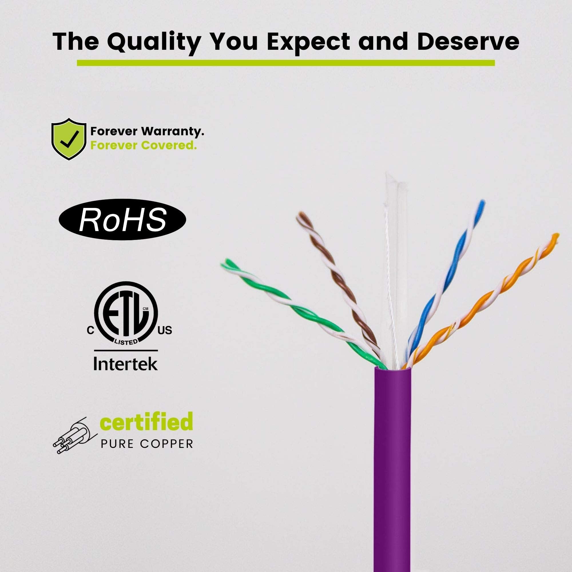 TRUE CABLE Cat6 Riser Ethernet Cable 550MHz PoE++ UTP Solid Bare Copper Purple 1000ft 23AWG 4 Pair ETL Listed