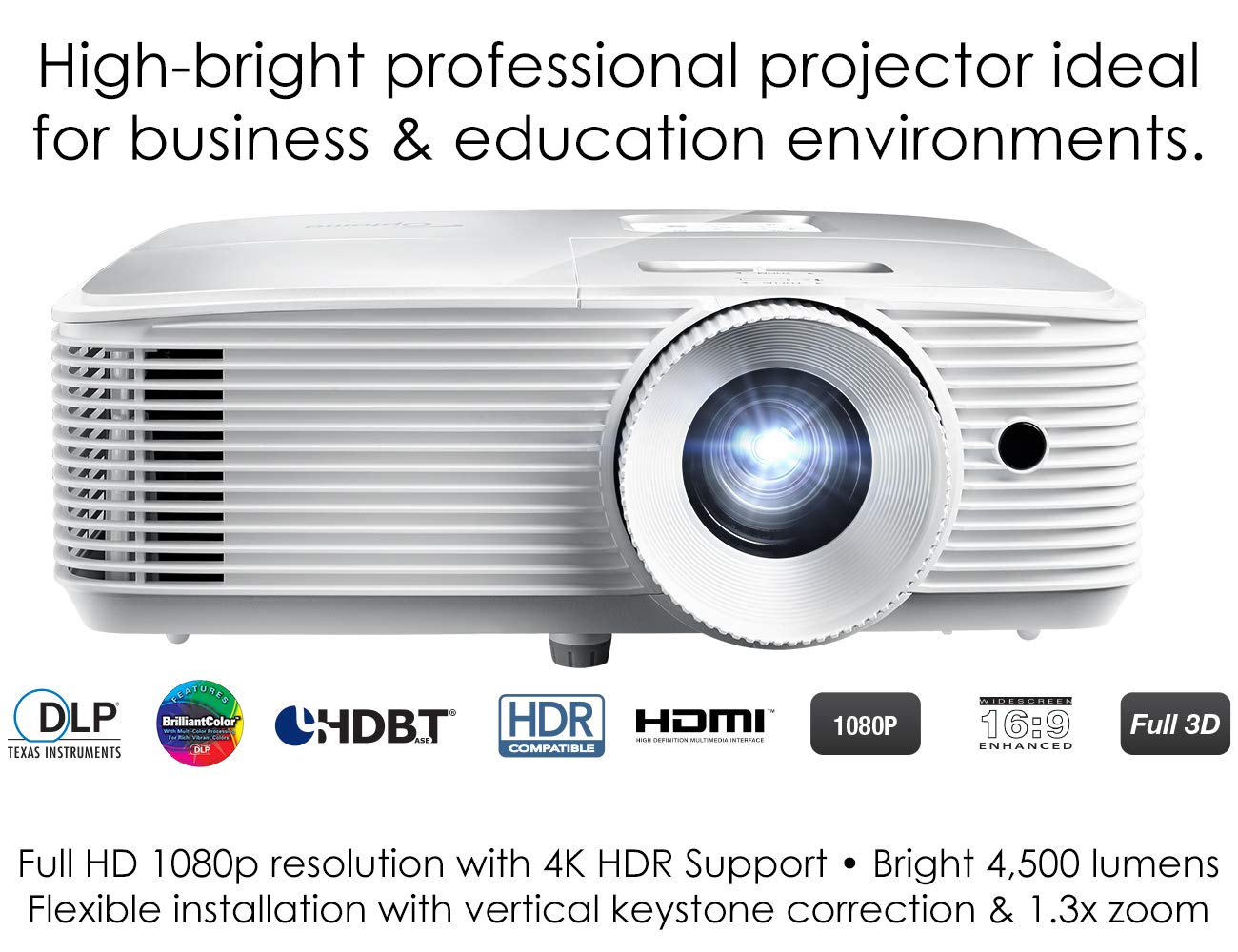 Optoma Eh412 1080P Hdr Dlp Professional Projector | Super Bright 4500 Lumens | Business Presentations, Classrooms, And Meeting Rooms | 15000 Hour Lamp Life | 4K Hdr Input | Speaker Built In , White