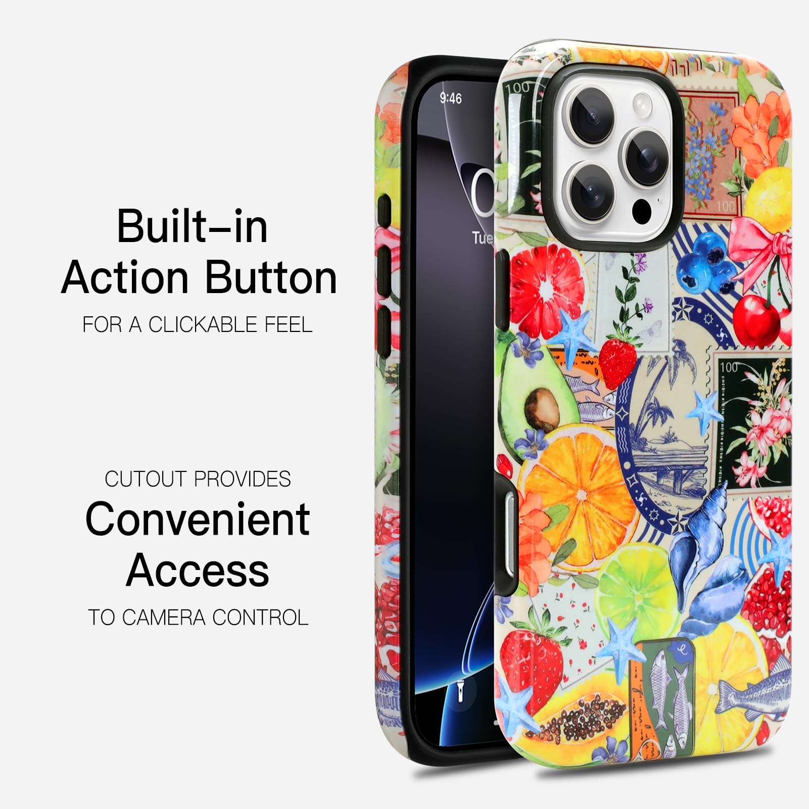 Jefonha For Iphone 16 Pro Max Case Cute Aesthetic For Women Girls, Classic Retro Western Fruit Stamp Seashell Costal Collage Sum