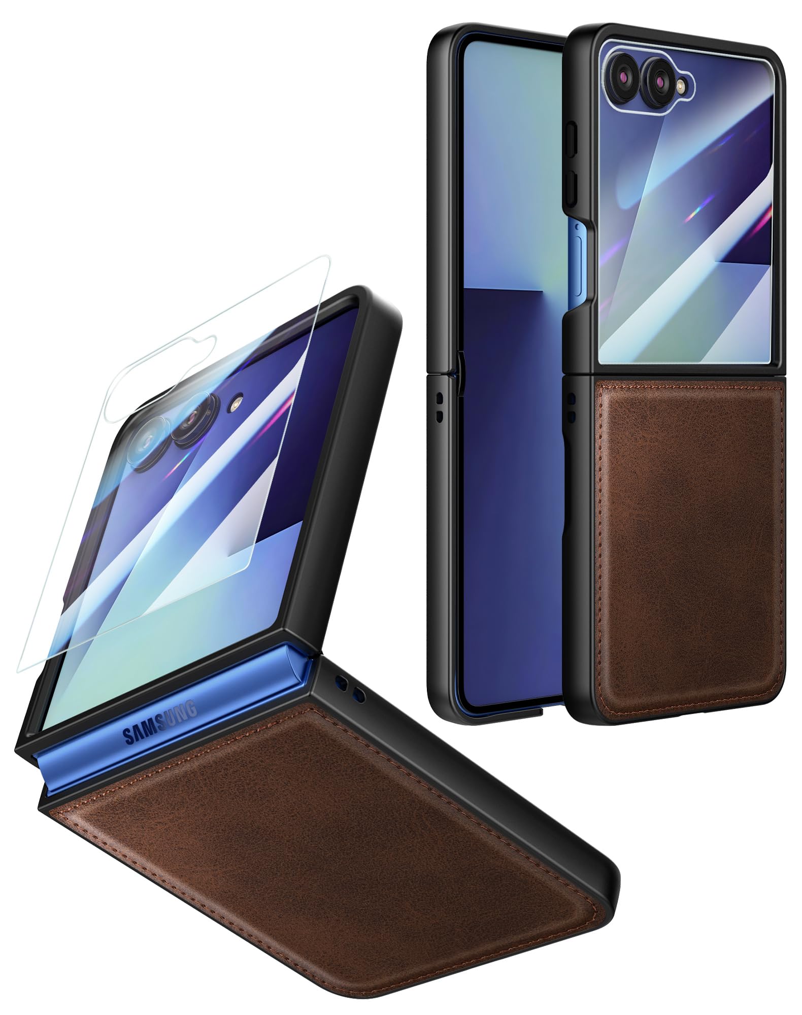 Foluu Leather Case for Samsung Galaxy Z Flip 7 with Front Built-in Screen Protector, PU Leather + Hard PC Shell Ultra Thin Slim 