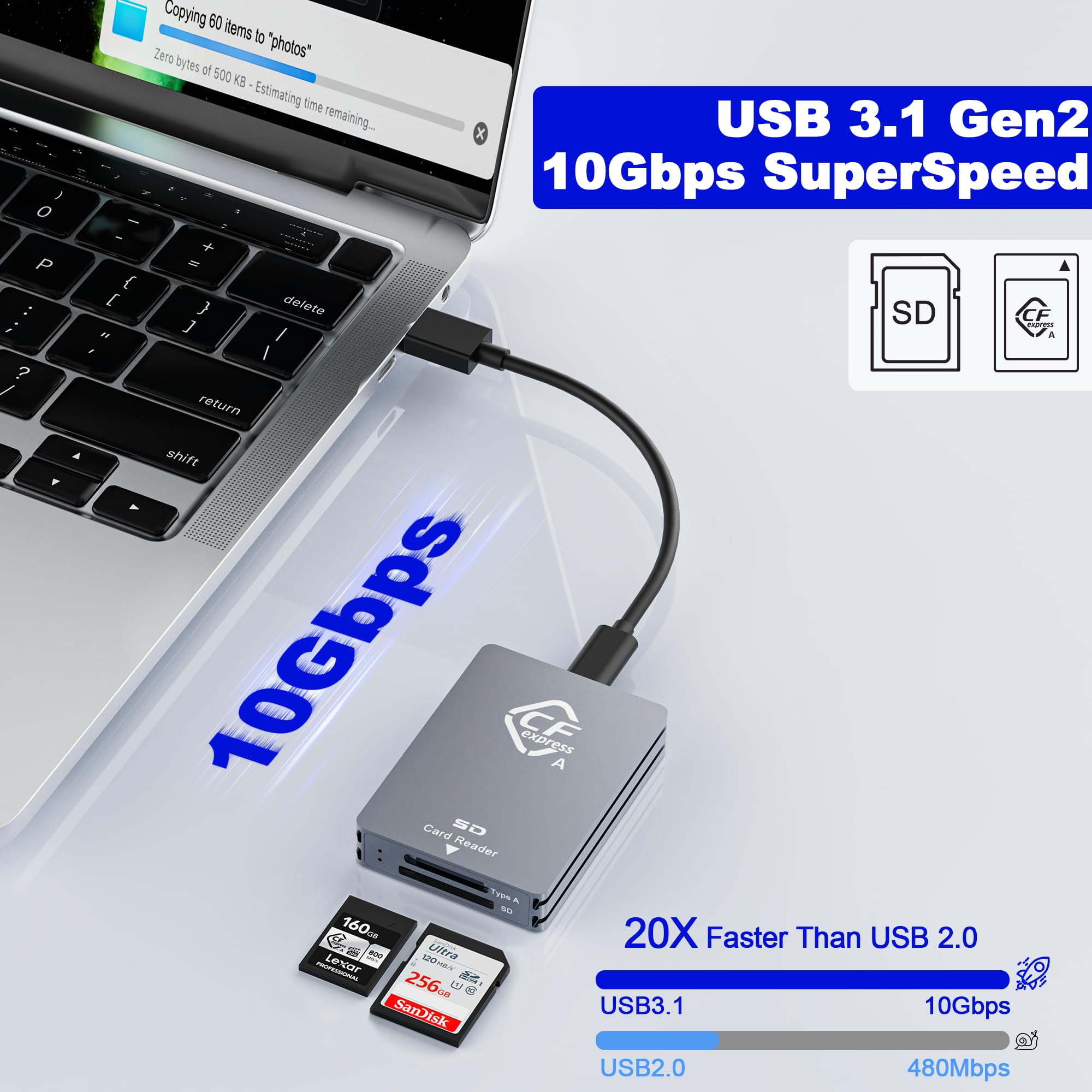 Cfexpress Type A/Sd Dual Slot Card Reader Usb C, 10Gpbs Usb3.2 Gen 2, Compatible With Cfexpress Type A Card/Sd Memory Card, Alum