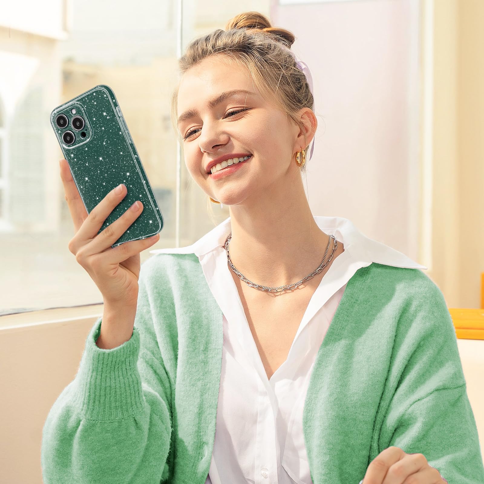 Hython Case For Iphone 15 Pro Case Glitter Cute Sparkly Shiny Bling Sparkle Phone Cases 6.1'', Thin Slim Fit Soft Tpu Bumper Sho