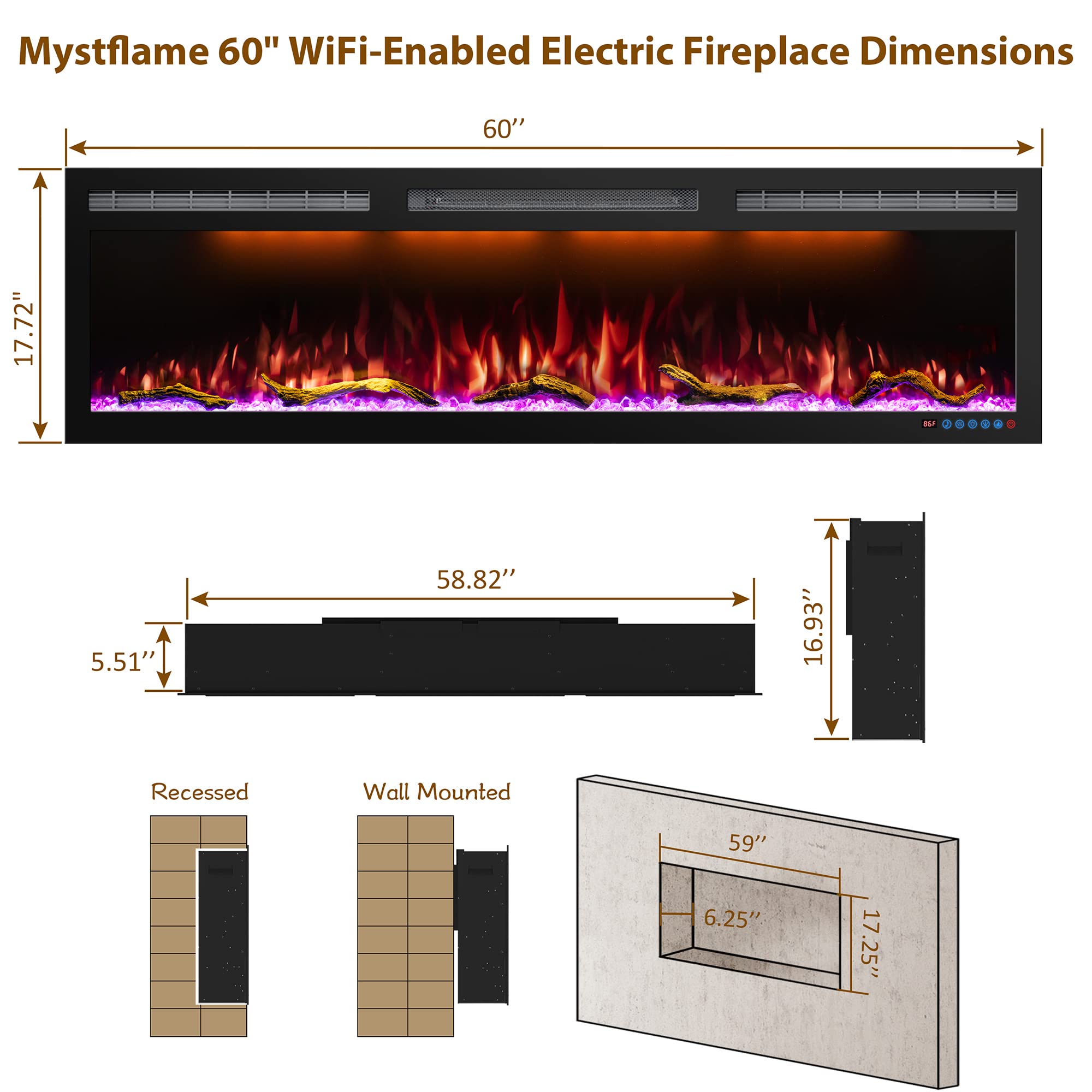 Mystflame Wifi-Enabled Electric Fireplace Recessed & Wall Mounted, 60 Inch Slim Electric Fireplace Heater, 750/1500W, Adjustable