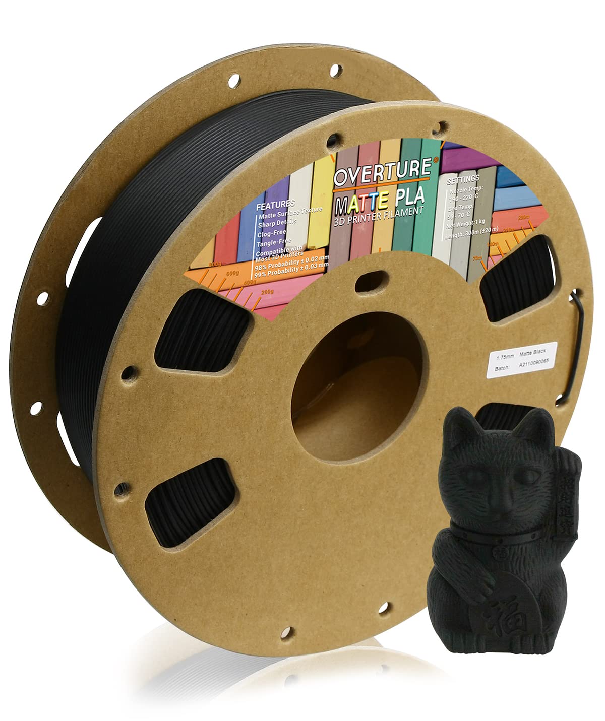 Overture Pla Matte Filament 1.75Mm, Matte Pla Roll 1Kg Cardboard Spool (2.2Lbs), Dimensional Accuracy +/  0.03 Mm (Matte Black)