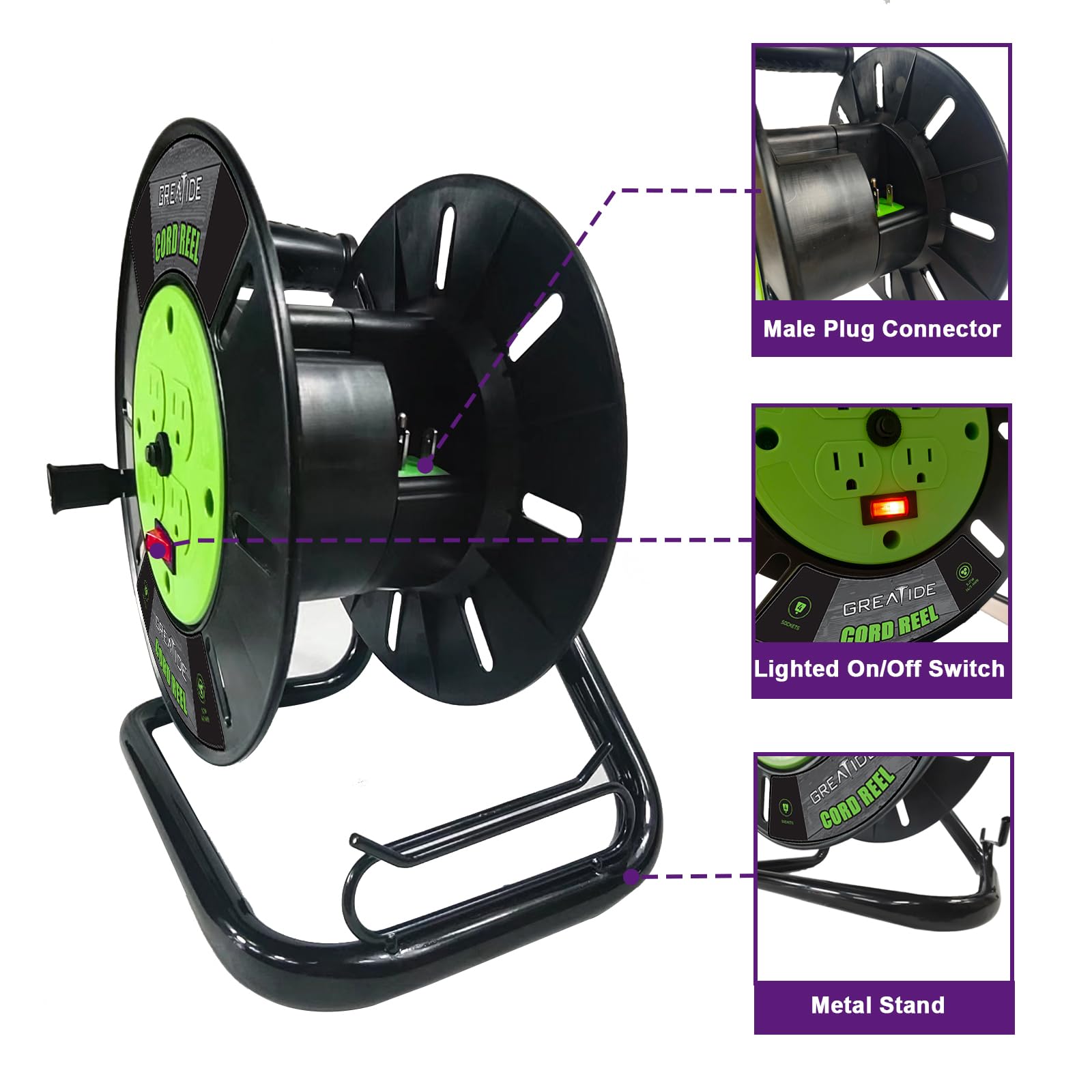 Greatide Heavy Duty Extension Cord Storage Reel With 4Grounded Outlets, 10A Circuit Breaker, Retractable Hand Wind, Portable Emp