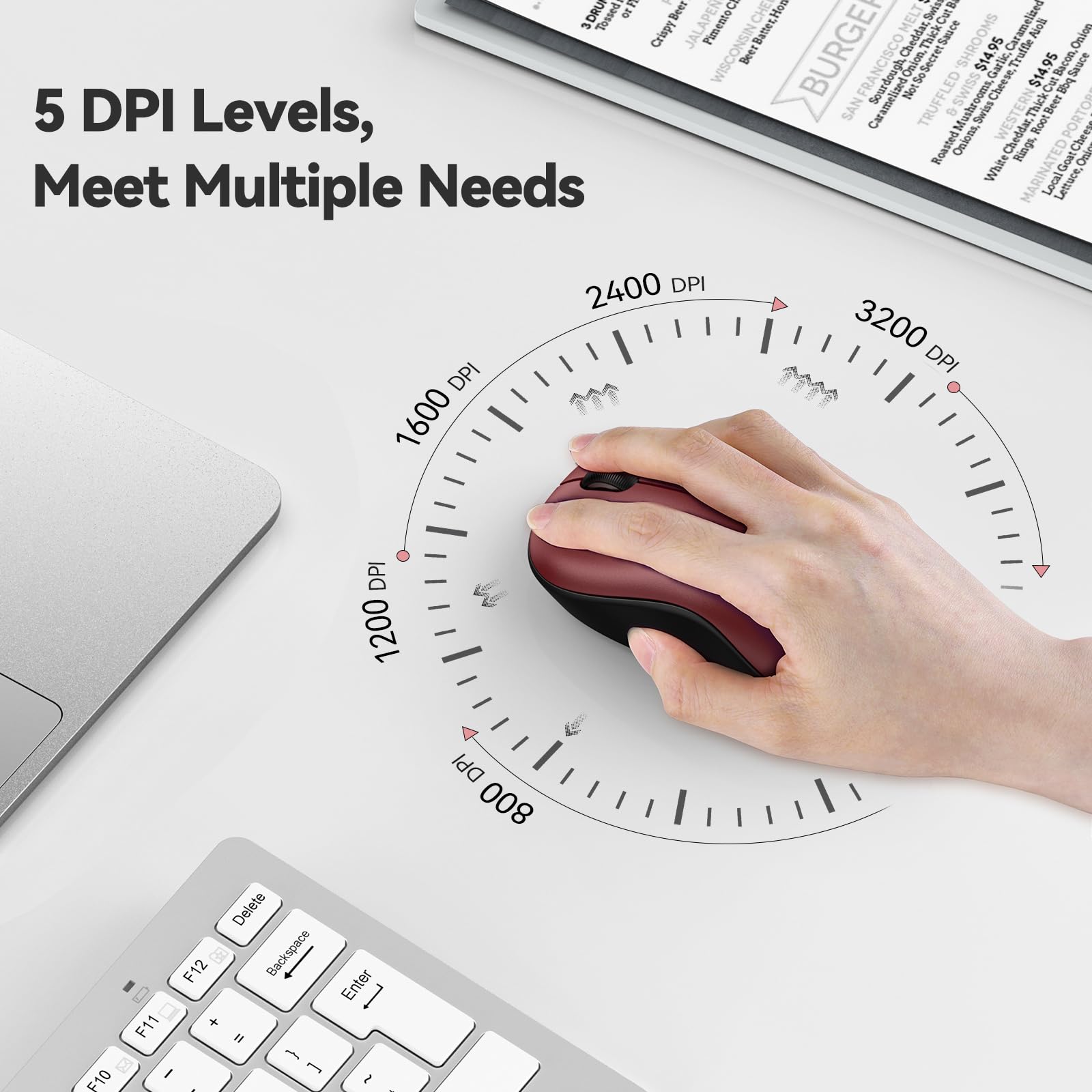 Tecknet Wireless Mouse For Laptop, 2.4G Silent Mouse Quiet Click, Small Portable Computer Mouse, 5 Dpi Levels, Cordless Mice For Pc, Chromebook, Mac   Red