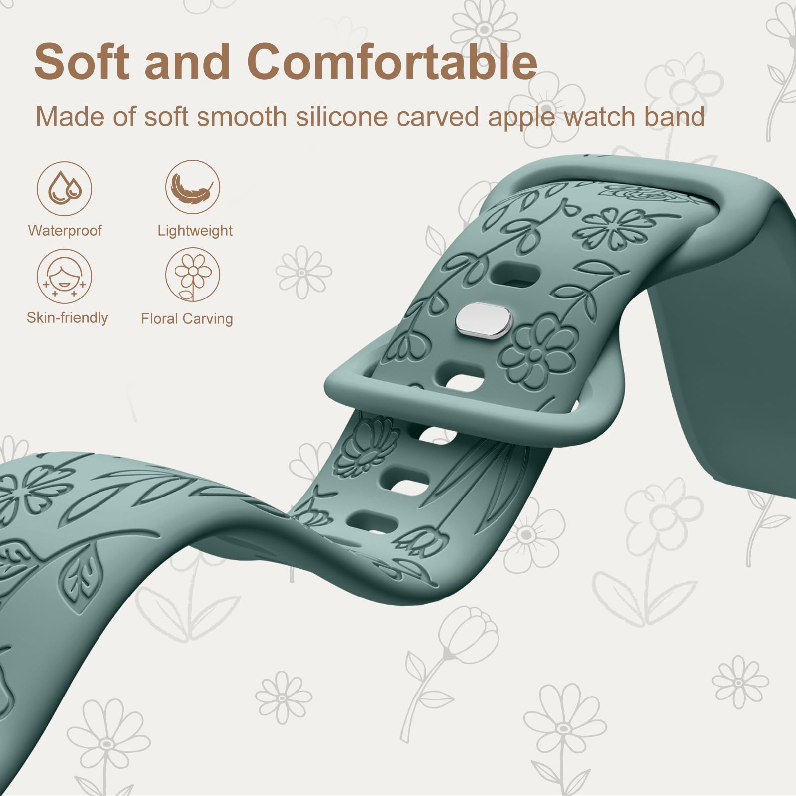 Floral Engraved Band Compatible With Apple Watch Band 44Mm 38Mm 40Mm 42Mm 41Mm 45Mm 49Mm Women Girl, Cute Floral Engraved Wristb