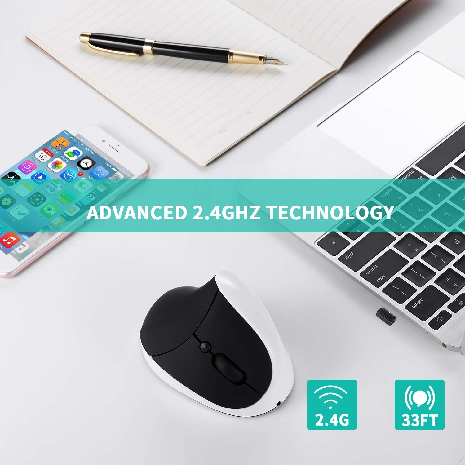 Aurtec Vertical Mouse, Rechargeable 2.4G Wireless Ergonomic Mice With Usb Receiver, 6 Buttons And 3 Adjustable Dpi 800/1200/1600, White