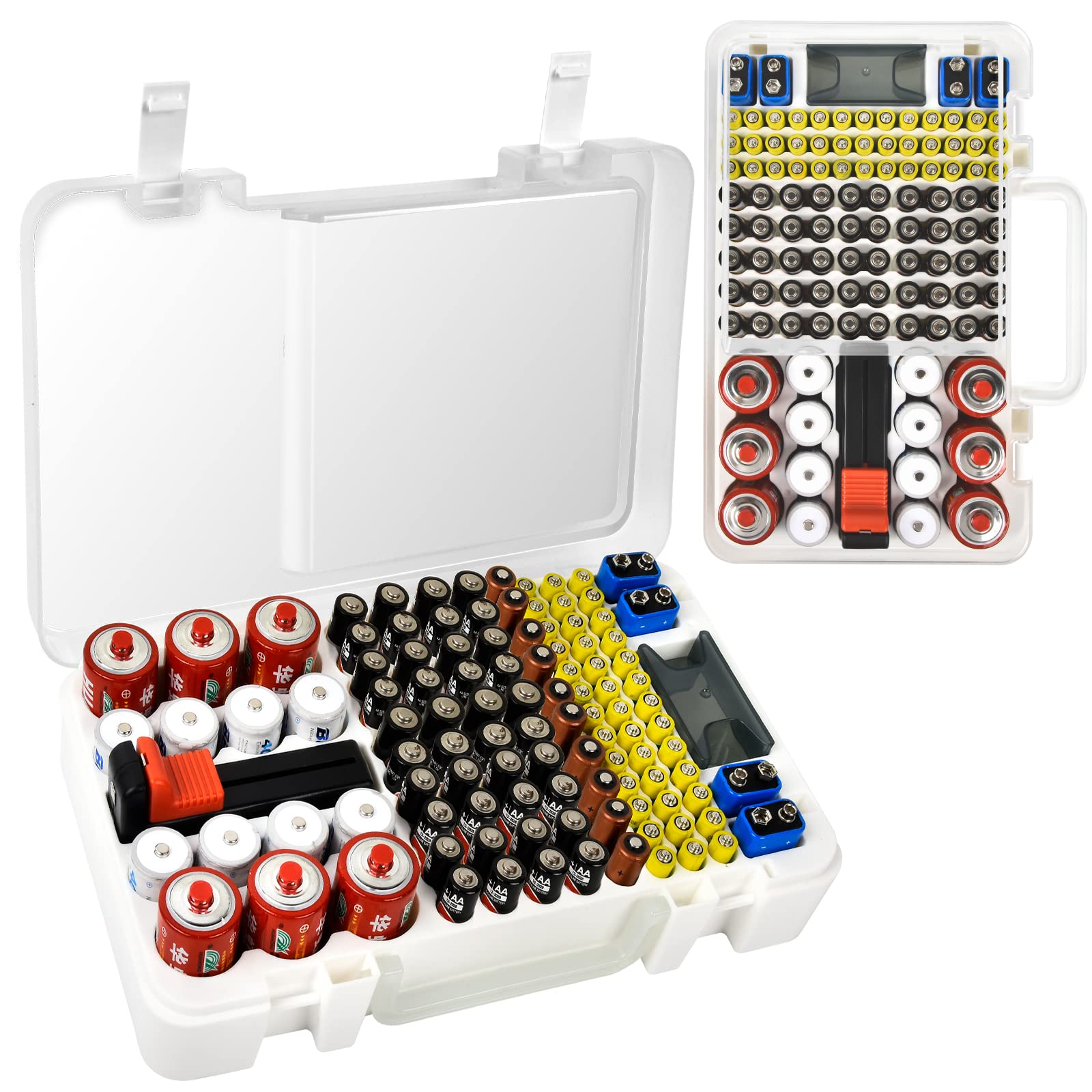 Battery Organizer Storage Case With Tester Checker. Batteries Holder Box Container For 120+ Aa Aaa 9V C D Lithium Cr2025 Cr1632