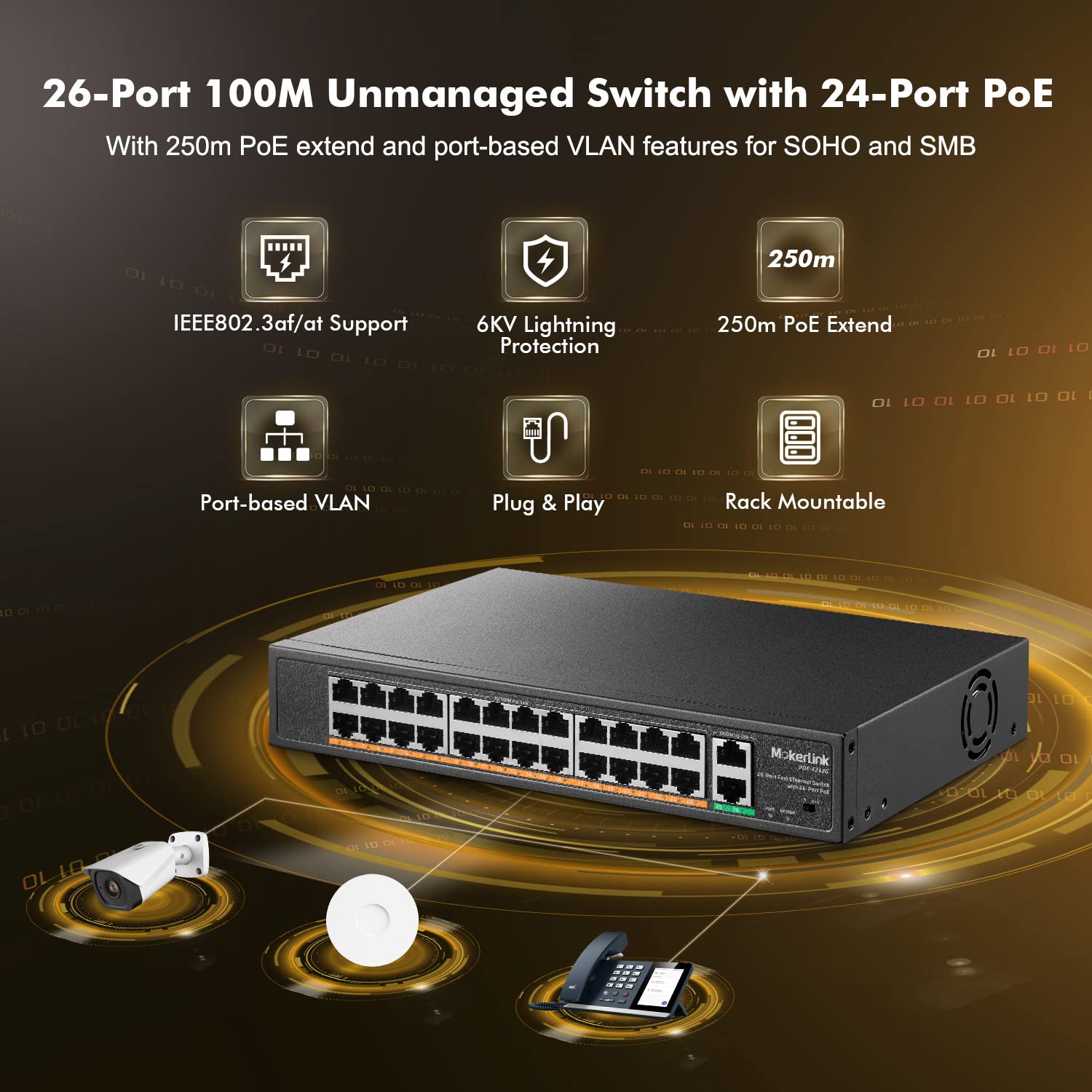 Mokerlink 24 Port Poe Switch With 2 Gigabit Uplink Ethernet Port, 400W High Power, Support Ieee802.3Af/At, Rackmount Unmanaged P