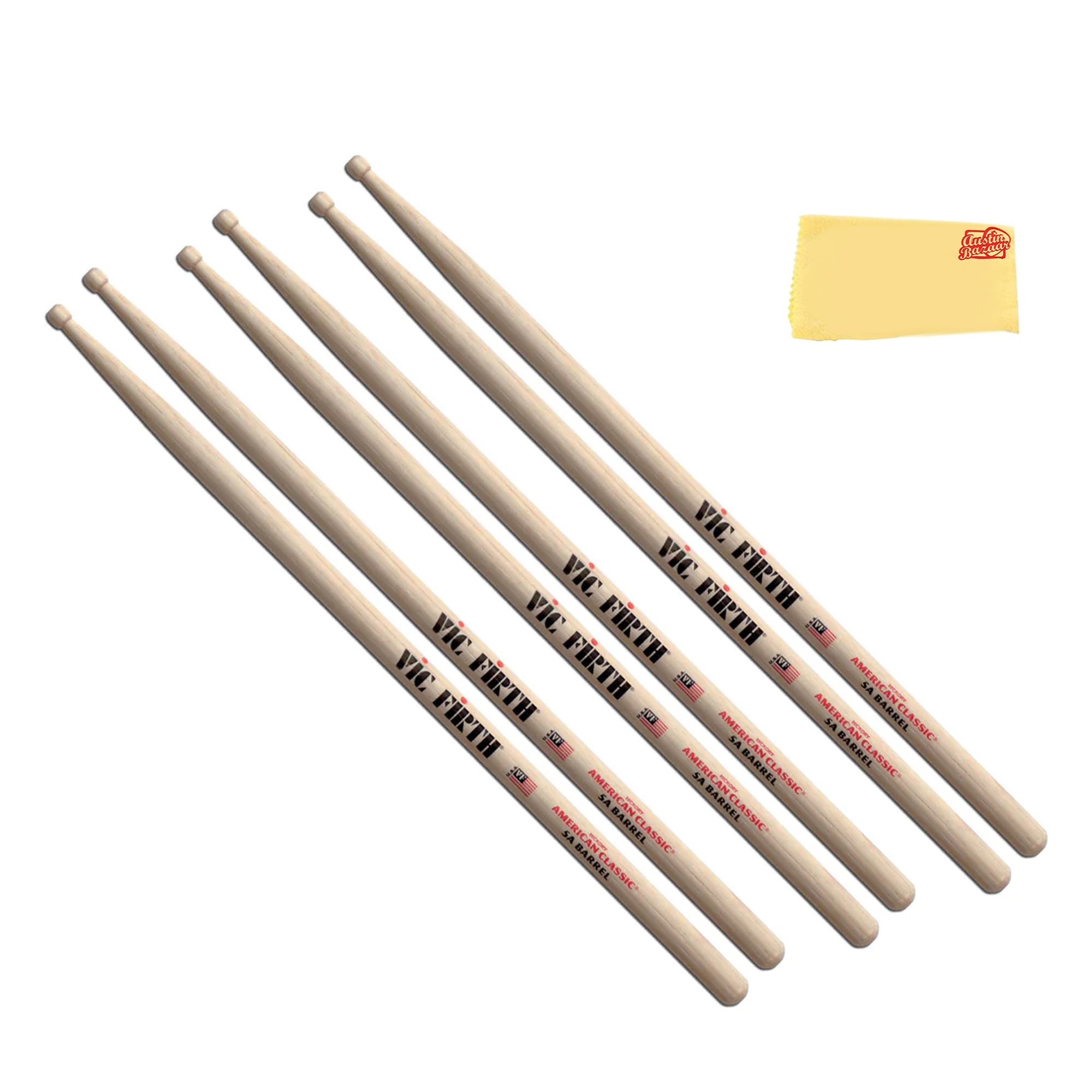 Vic Firth American Classic 5A Barrel Tip Drumsticks - 3-Pack Bundle with Austin Bazaar Polishing Cloth