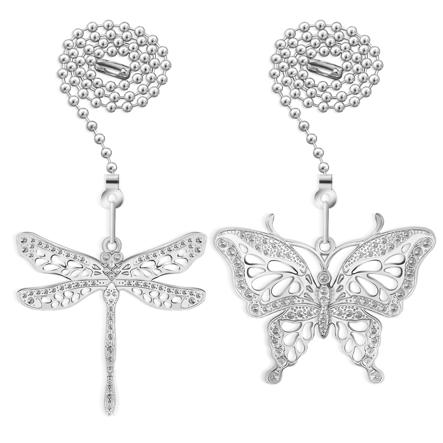 Dotlite Silver Ceiling Fan Pull Chain Extender,Dragonfly And Butterfly Decorative Fan Chain Pendant Extension,12In Chain 3Mm Bea