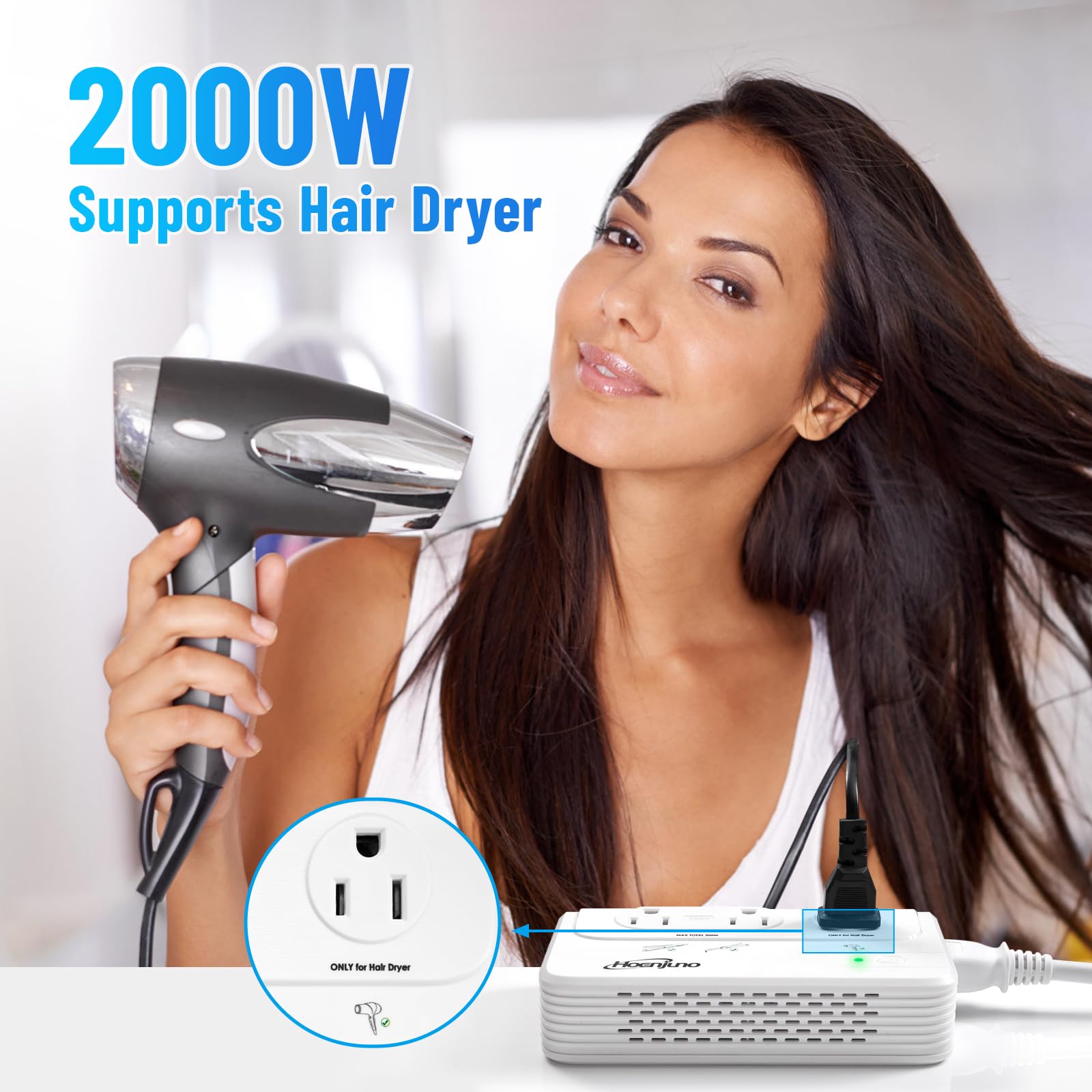 Hoenjuno 2000W Universal Travel Adapter For Hair Dryer & 200W Voltage Converter 220V To 110V For Curling Iron, Straightener With