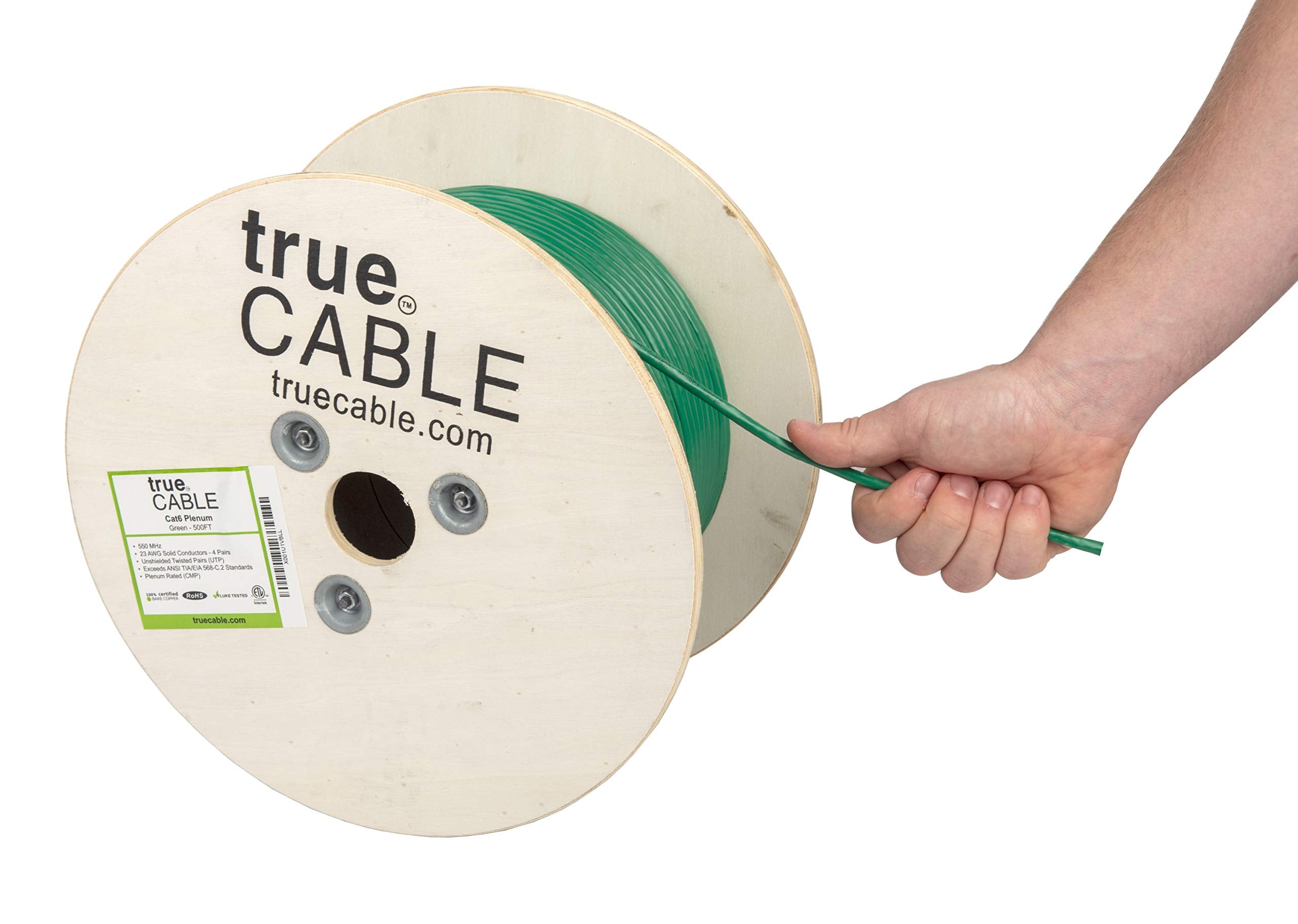 Truecable Cat6 Plenum (Cmp), 500Ft, Green, 23Awg 4 Pair Solid Bare Copper, 550Mhz, Poe++ (4Ppoe), Etl Listed, Unshielded Twisted Pair (Utp), Bulk Ethernet Cable