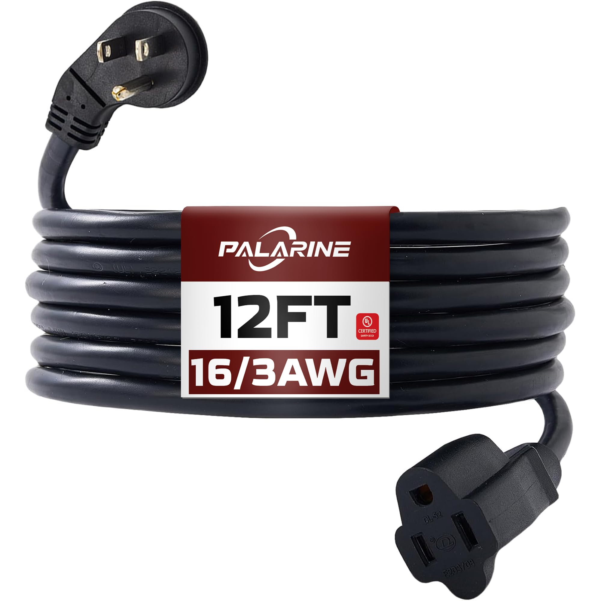Palarine Indoor Flat Plug Black Extension Cord 12Ft, Ul Listed, 16/3 Sjtw 3 Prong Heavy Duty, 16 Gauge 13A Power Cord For Lights