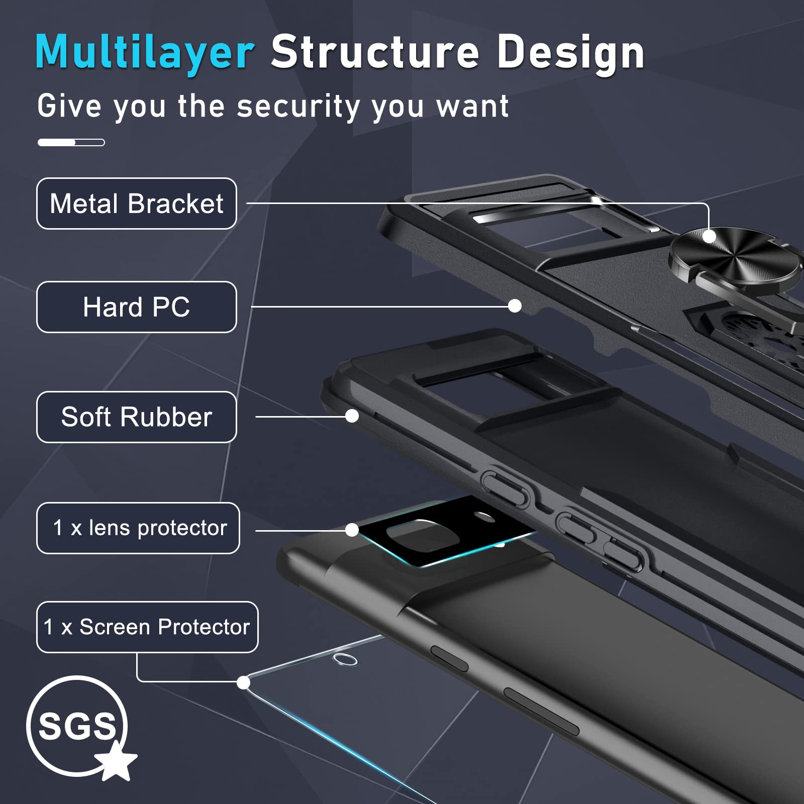 Janmitta For Google Pixel 7A Case With Screen Protector+Camera Lens Protector,Heavy Duty Shockproof Full Body Phone Cover Built