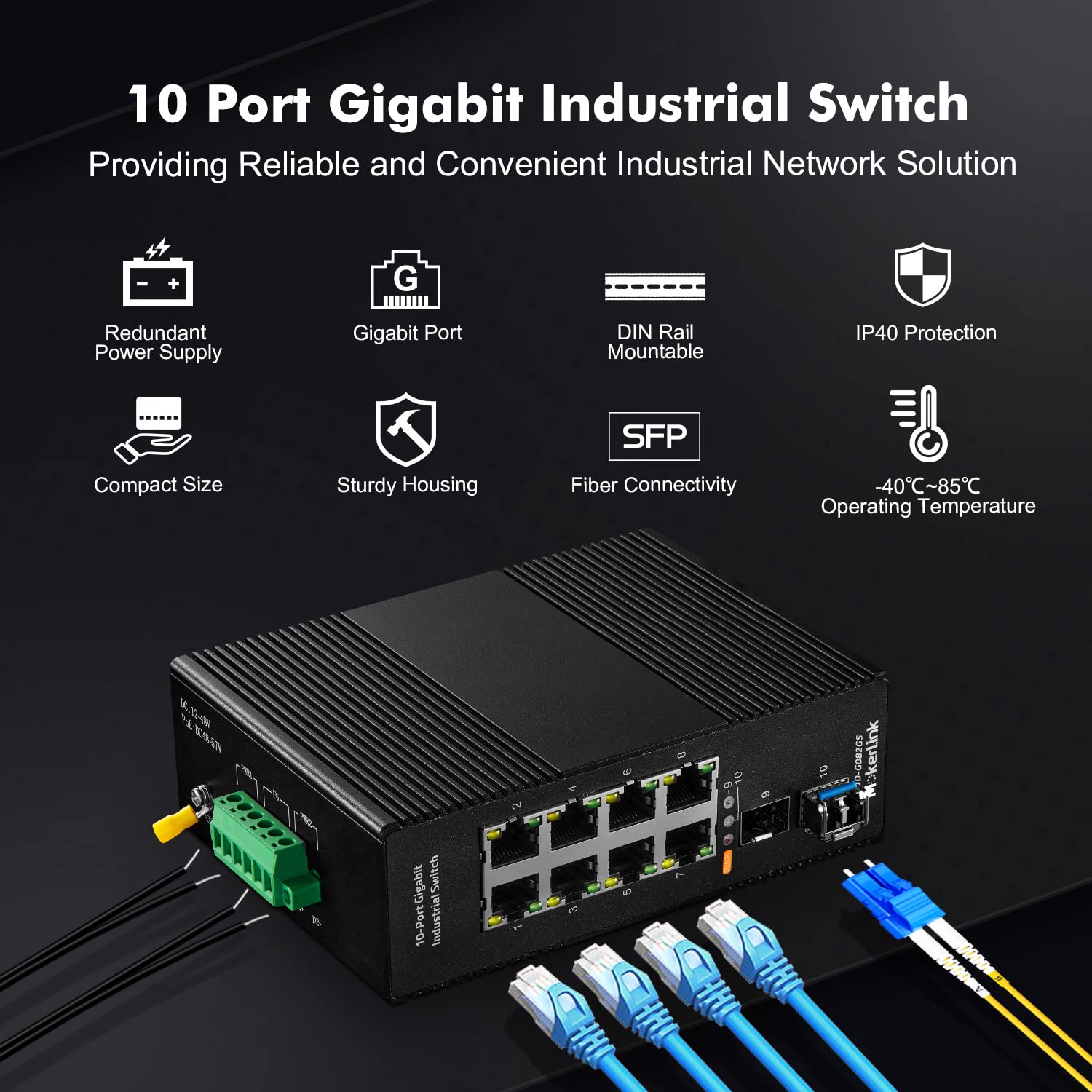 Mokerlink 8 Port Gigabit Industrial Din Rail Ethernet Switch, 2 Sfp Ports With 1 Lc 20Km Module(Smf), Ip40 Rated Unmanaged Network Switch ( 40 To 185�F), With Ul Power Supply