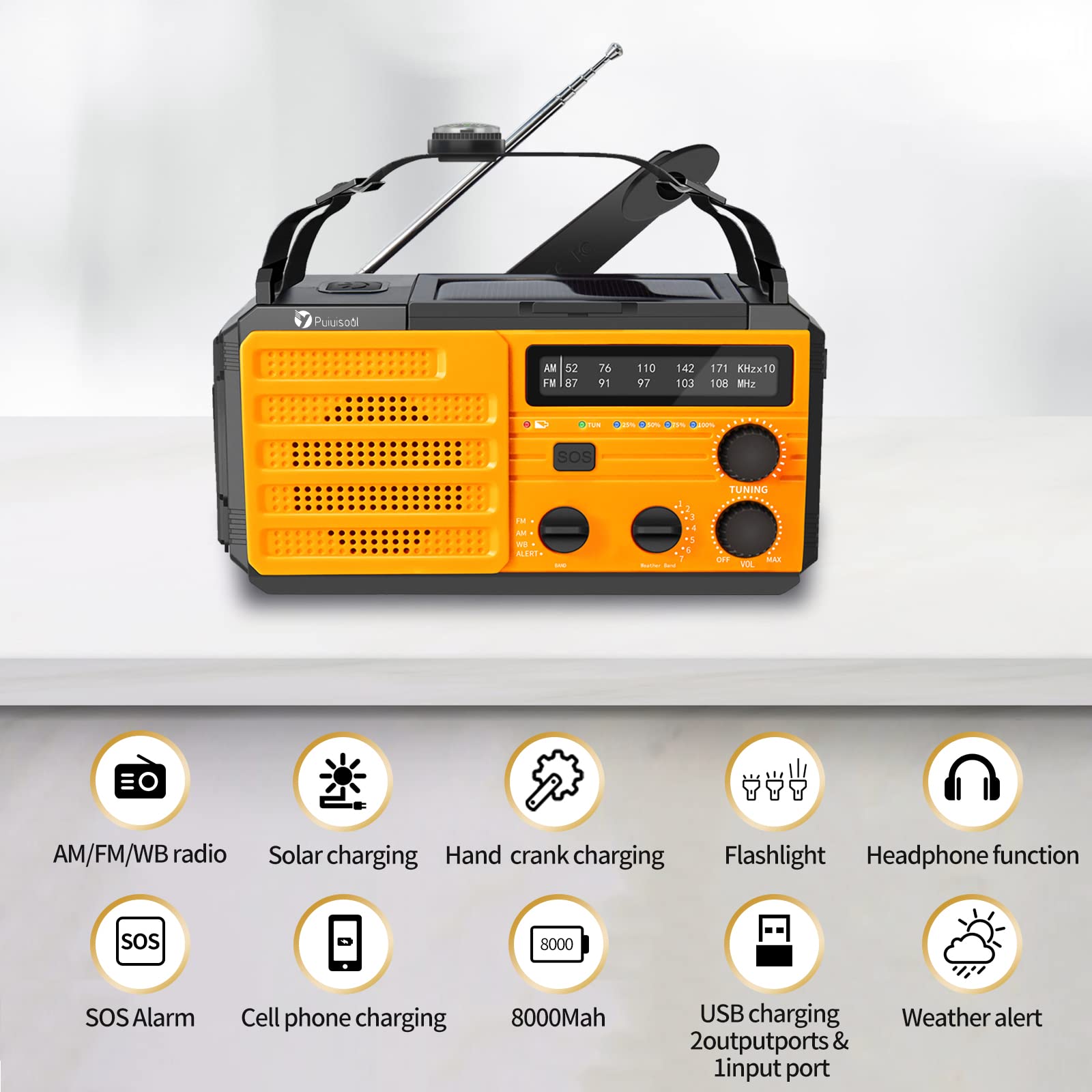 Emergency Radio,Puiuisoul 8000Mah Portable Weather Solar Radios With Hand Crank,Reading Lamp,3 Gear Led Flashlight,Sos Alarm,Am/