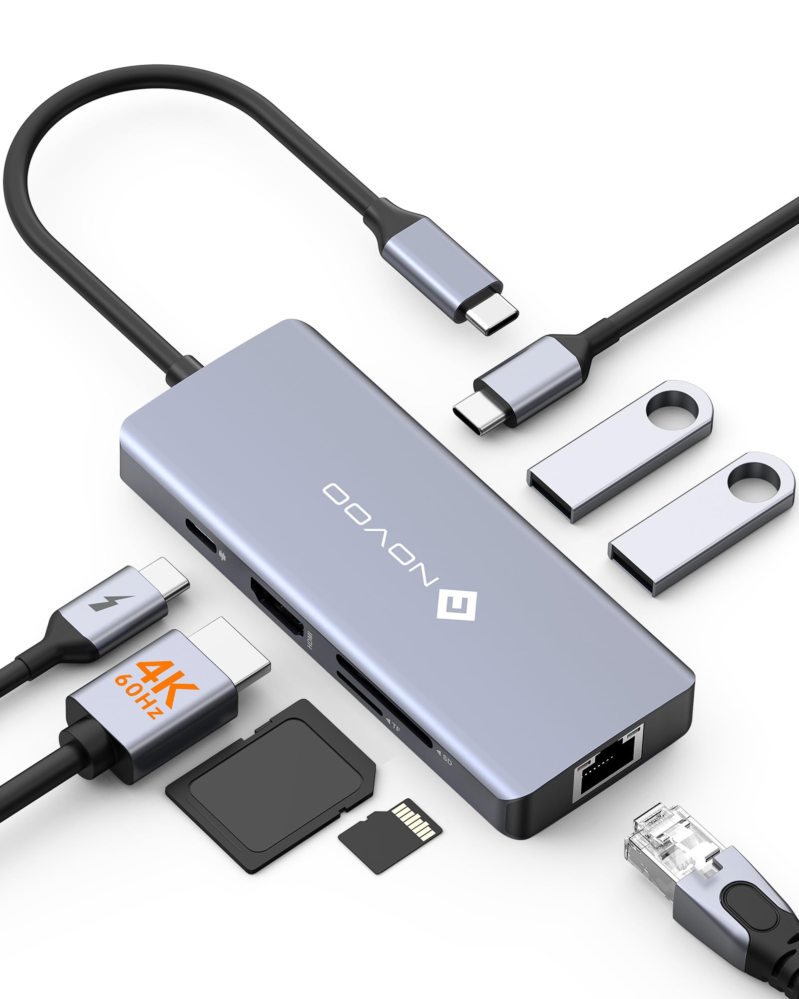 Novoo Usb C Hub 4K@60Hz Hdmi Gigabit Ethernet 8 In 1 Usb C Adapter Multiport With Hdmi,Pd 100W,2 Usb A, 1 Usb C Dataport,Sd&Tf Docking Station For Iphone 15,Macbook Air/Pro M2, Dell, Xps 15,Hp, Lenovo