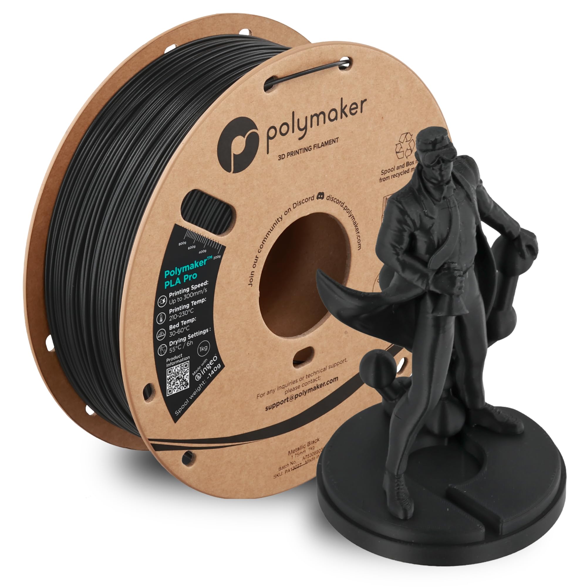 Polymaker PLA Pro 3D Printing Filament Metallic Black 1.75mm 1KG, High-Impact Tough PLA, Fast Printing up to 300mm/s, High Speed