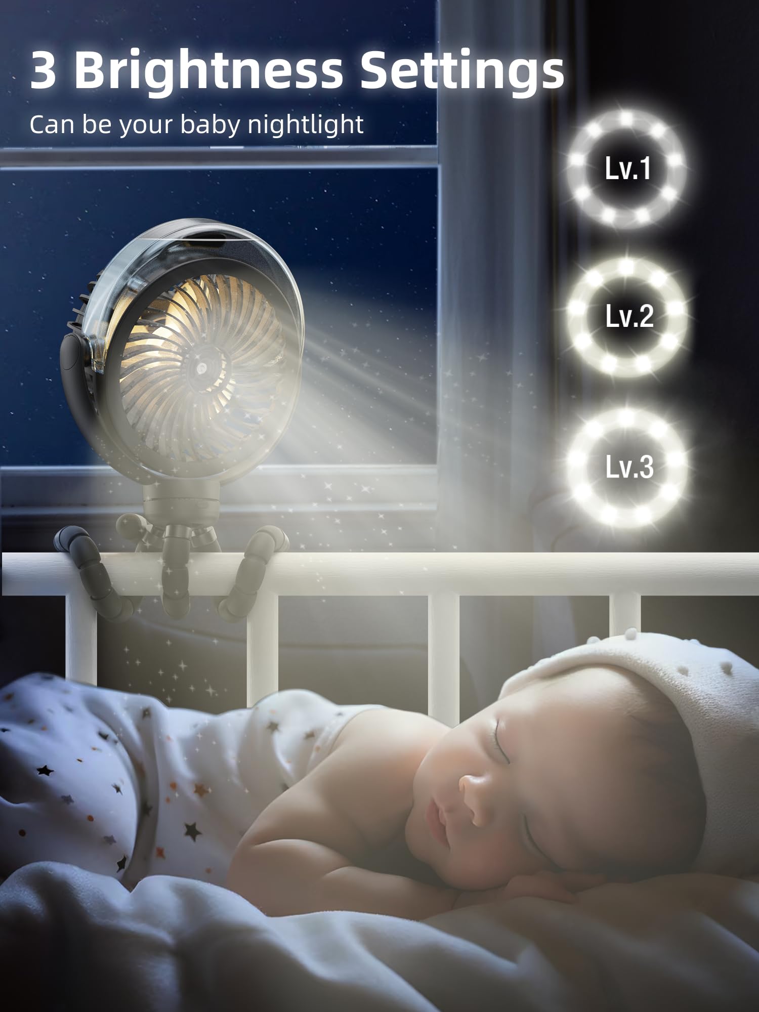 Misting Stroller Fan, 6000Mah Battery Operated Portable Fan With Light & 360 Pivoting, Personal Fan With Flexible Tripod For Bab